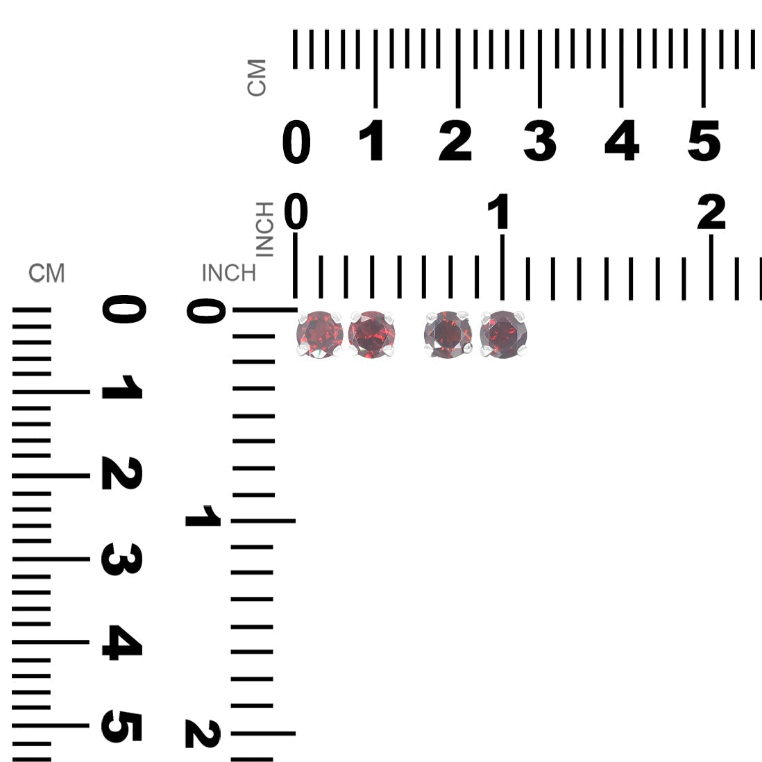 Two pairs of faceted Garnet post earrings displayed next to measurement chart showing height and width in inches and centimeters. 