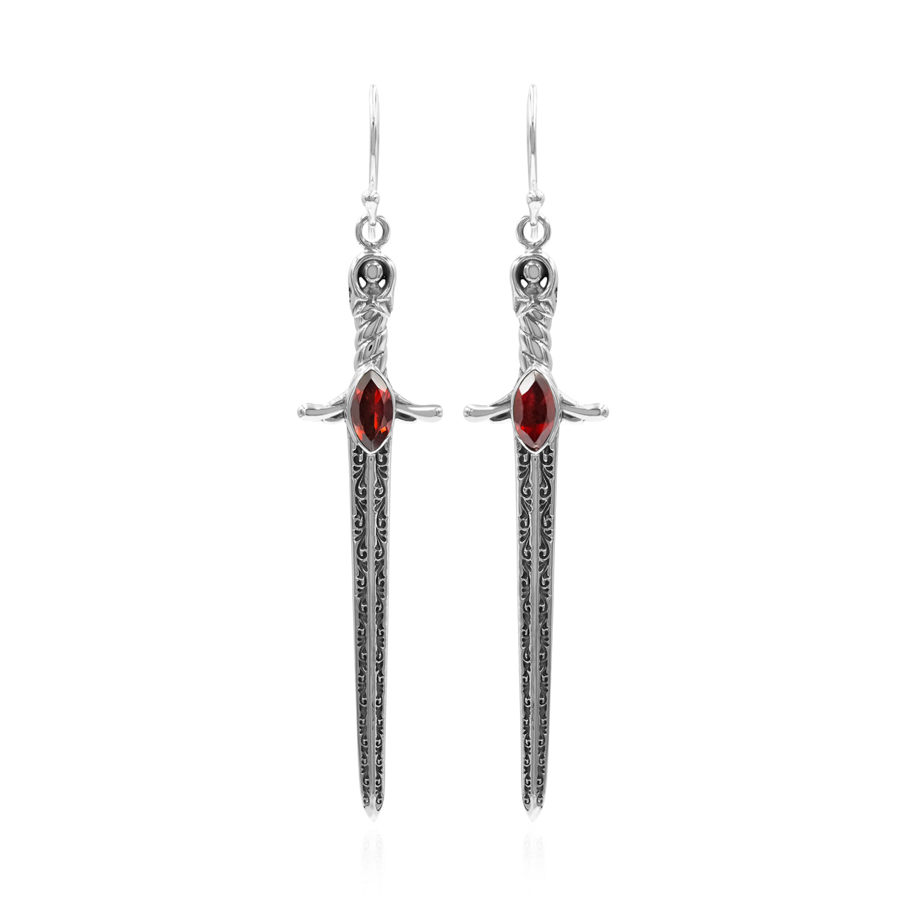 Starborn Garnet Sword Dangle Earrings in Sterling Silver