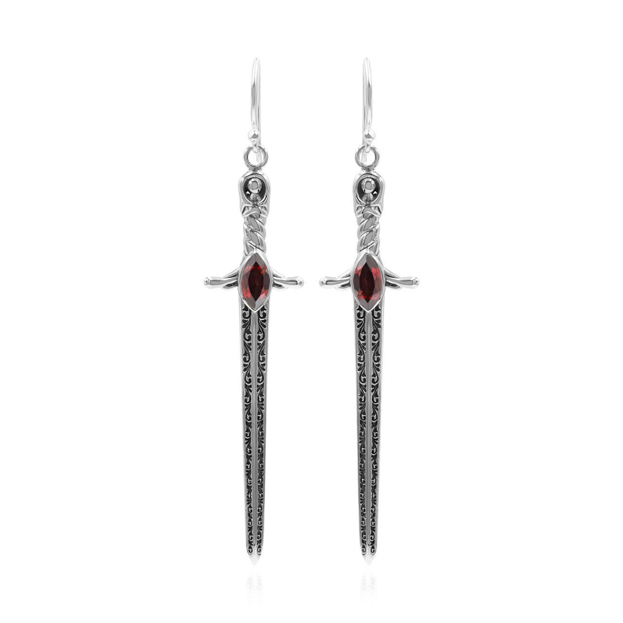 Starborn Garnet Sword Dangle Earrings in Sterling Silver