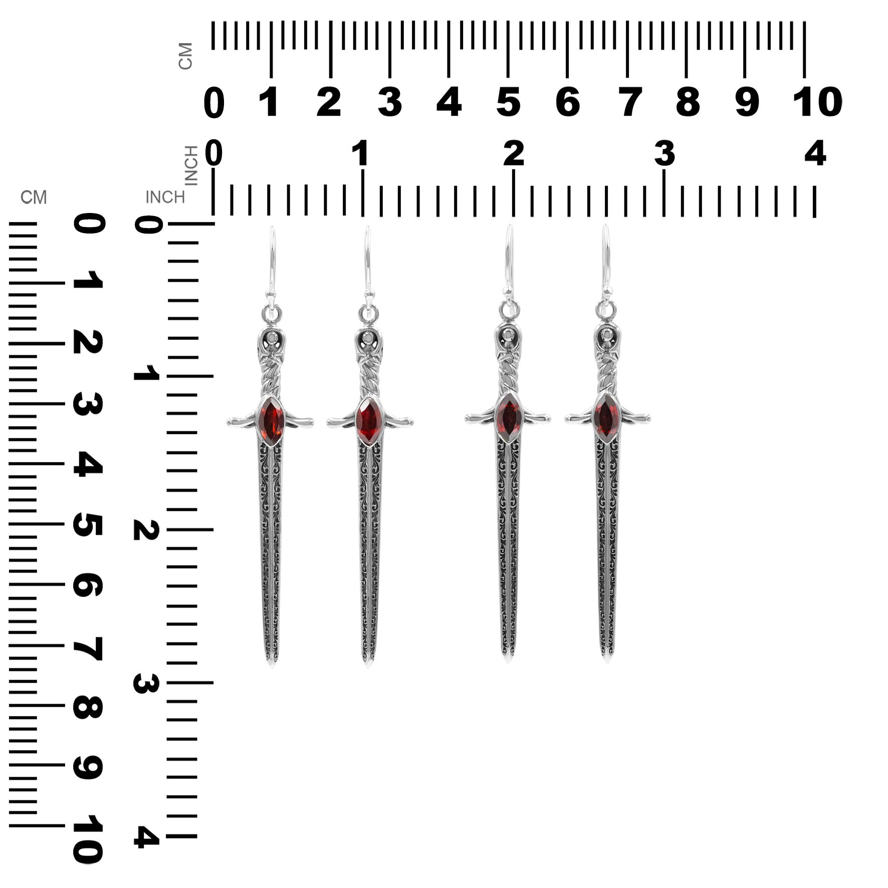 Starborn Garnet Sword Dangle Earrings in Sterling Silver