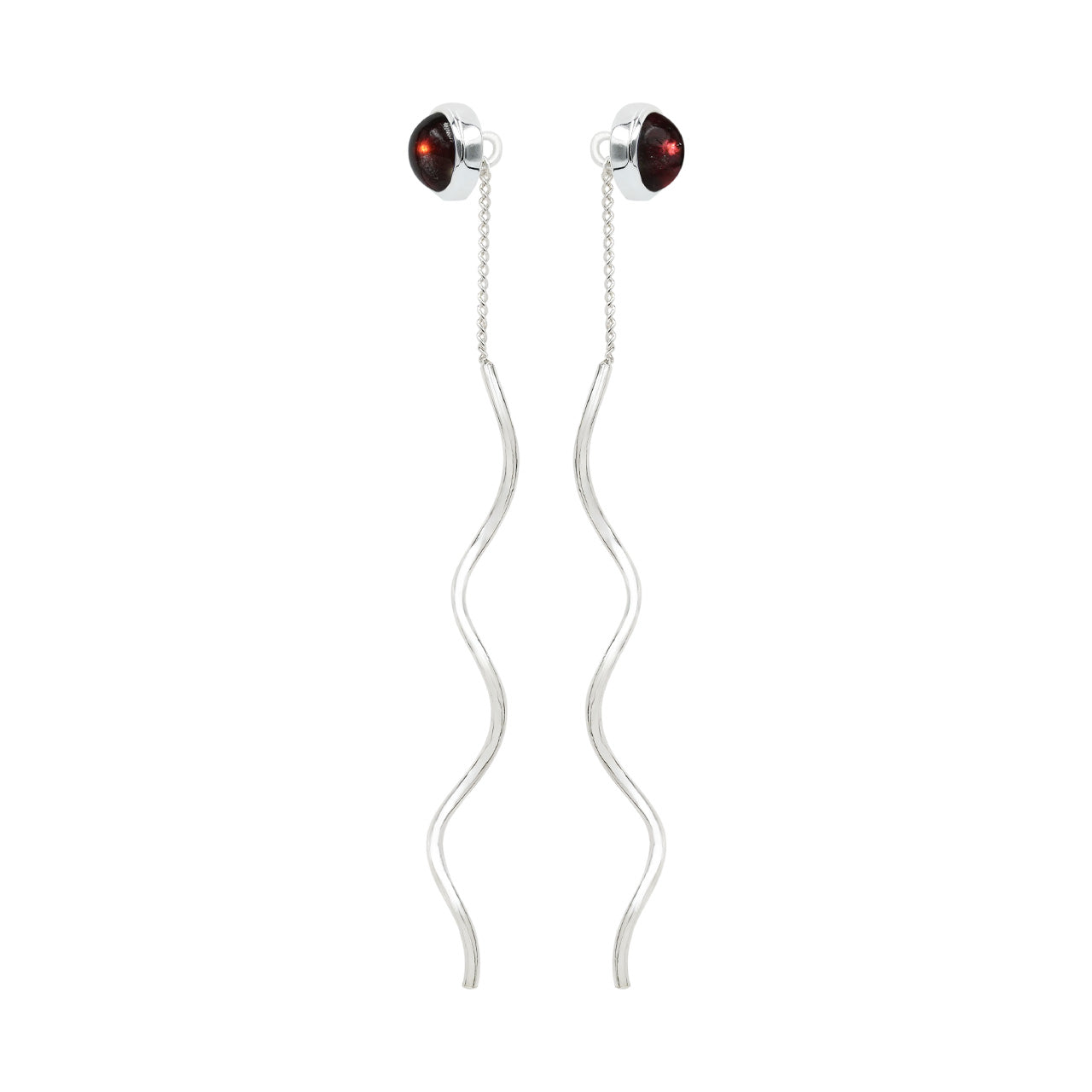 Starborn Polished Garnet Stud Earrings with Flowing Curled Wire Drop in Sterling Silver