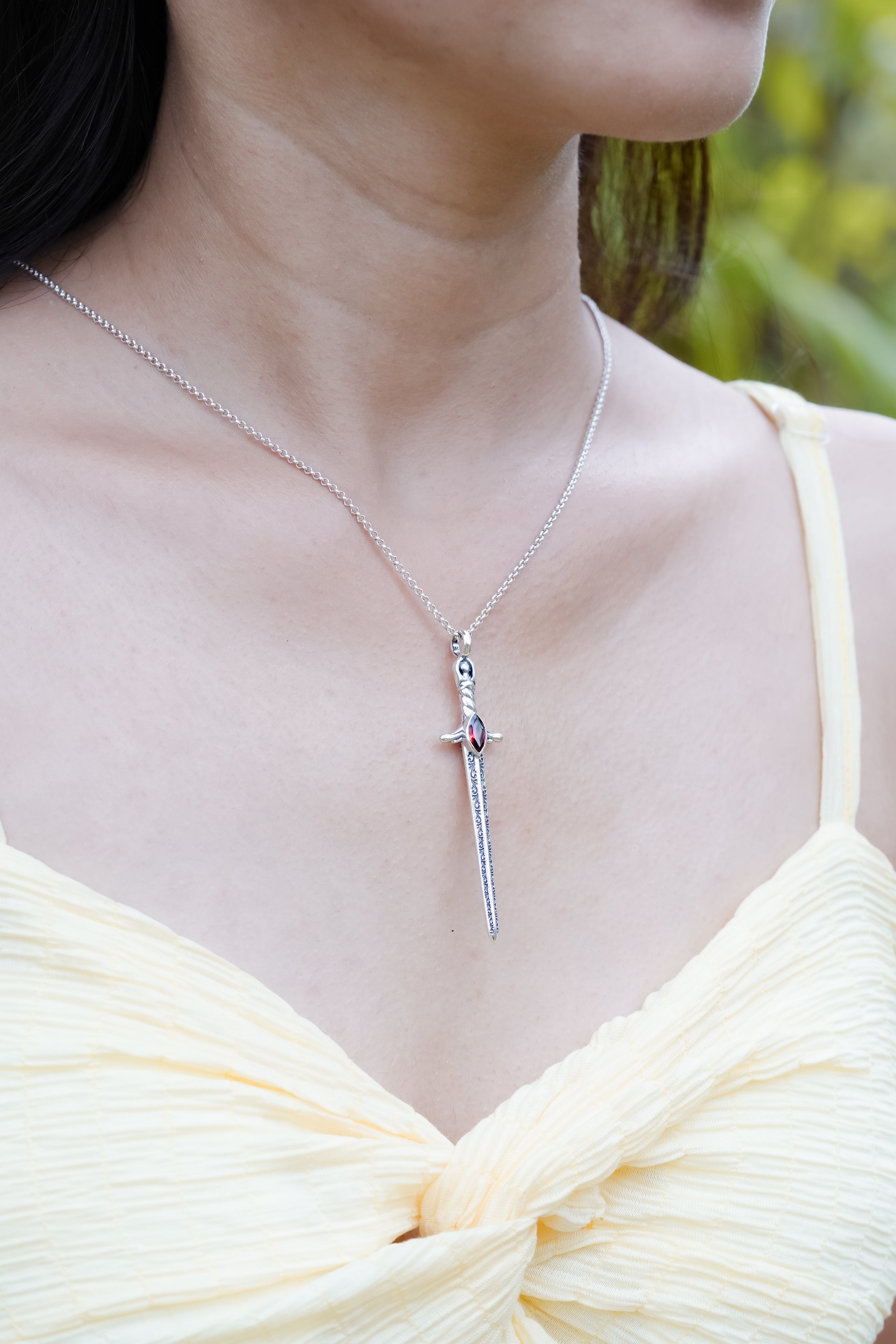 Starborn Garnet Sword Pendant in Sterling Silver