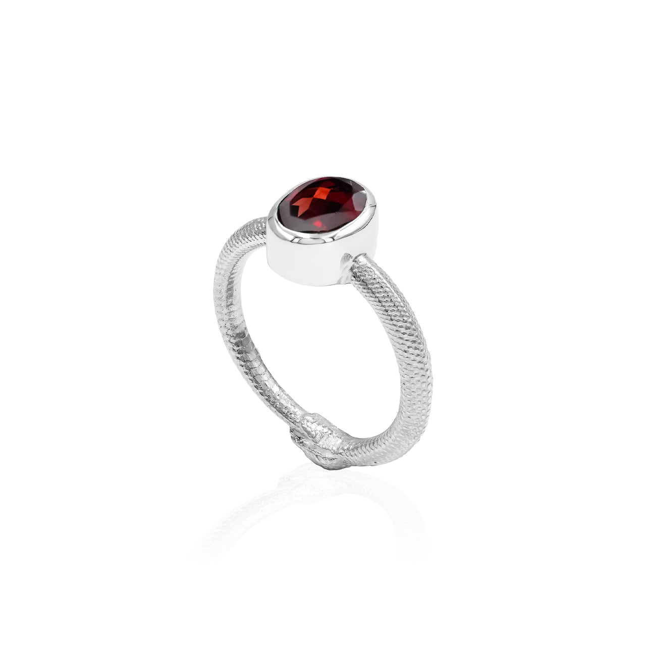 Starborn Ouroboros Ring with Faceted Garnet in Sterling Silver
