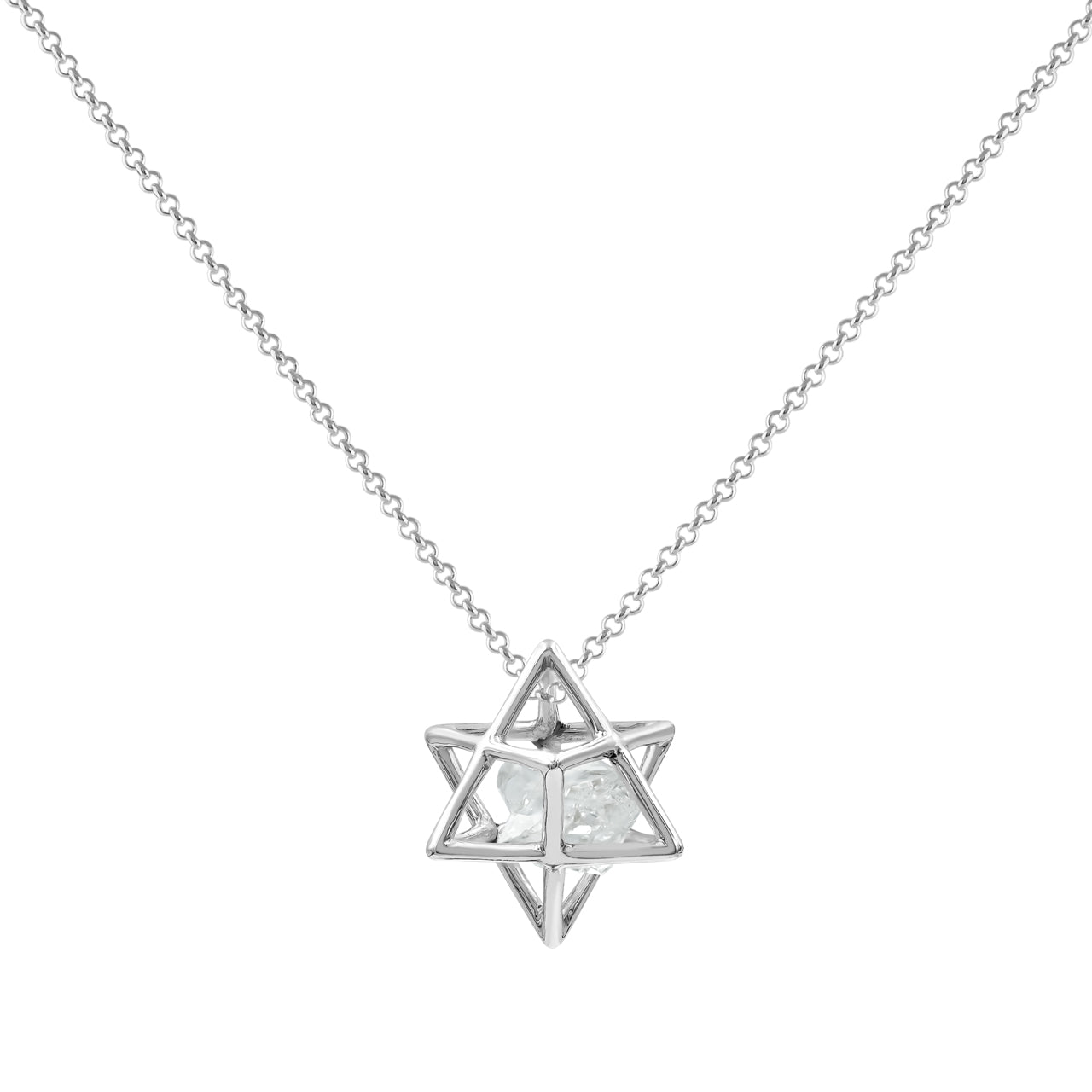 Starborn Natural Raw Herkimer Diamond (Quartz Crystal) in Merkabah Sterling Silver Cage Pendant and Chain