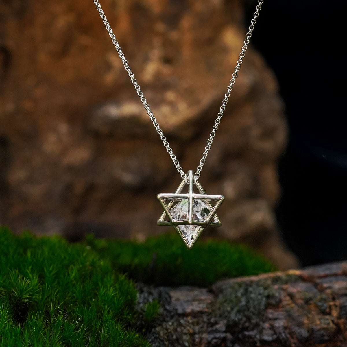Starborn Natural Herkimer Diamond (Quartz Crystal) Merkabah Cage Pendant & Chain in Sterling Silver