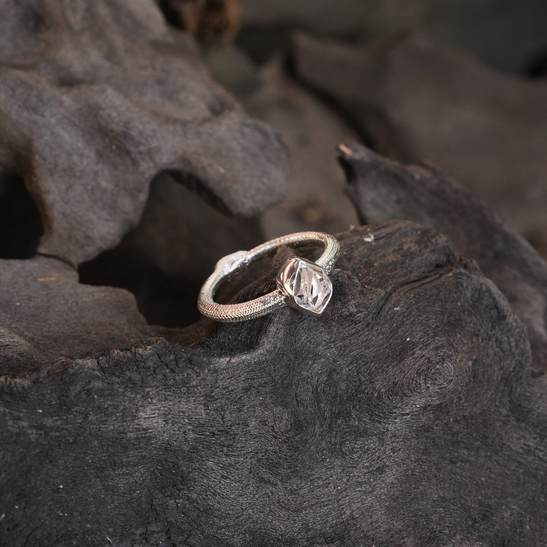 Starborn Ouroboros Ring with Faceted Herkimer Diamond Quartz Crystal in Sterling Silver