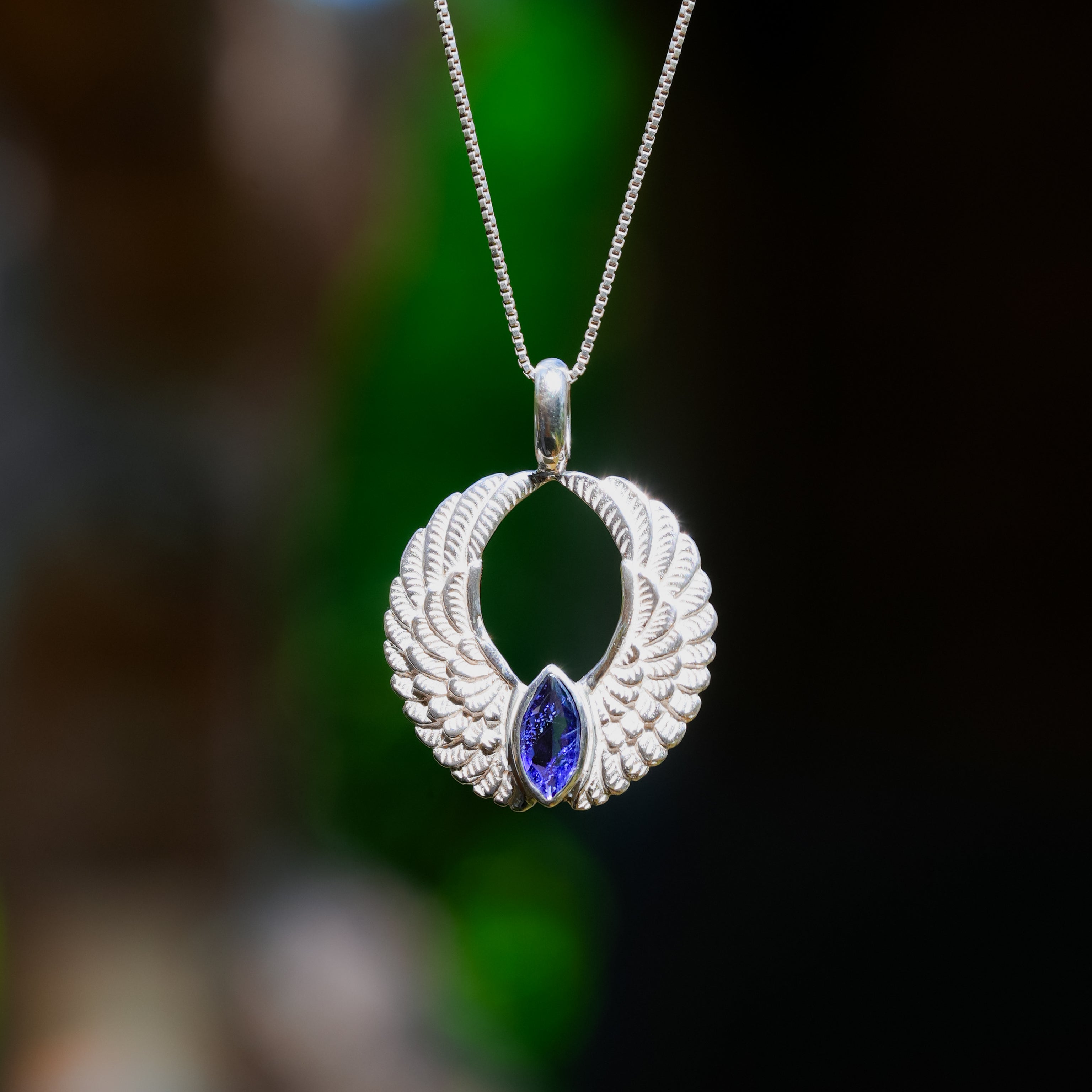 Starborn Angel Wings Pendant with Marquise Gemstone in Sterling Silver