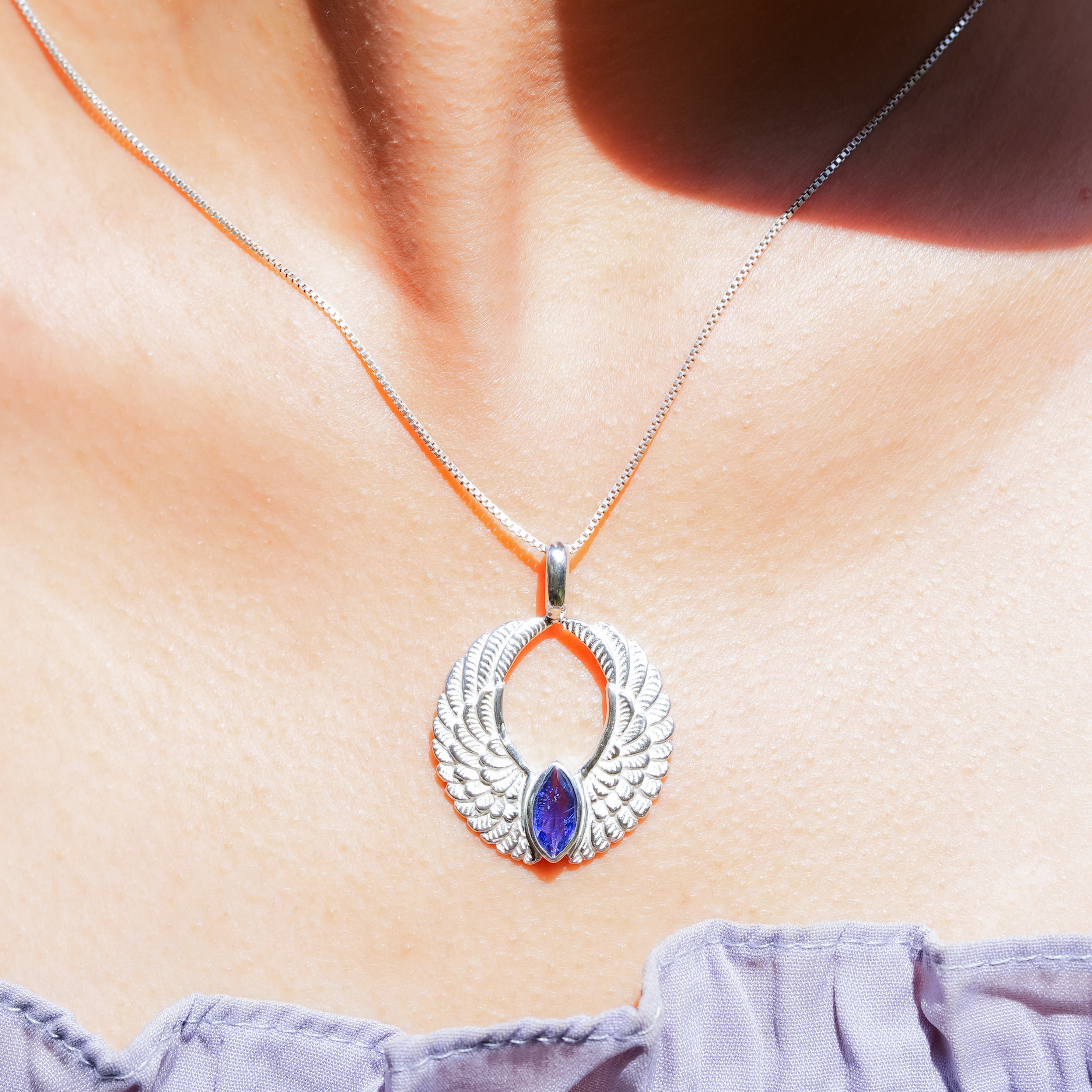 Starborn Angel Wings Pendant with Marquise Gemstone in Sterling Silver