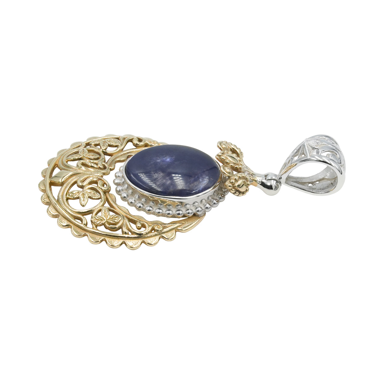 Starborn Iolite Floral Filigree Scrollwork Pendant in Sterling Silver & Nordic Gold