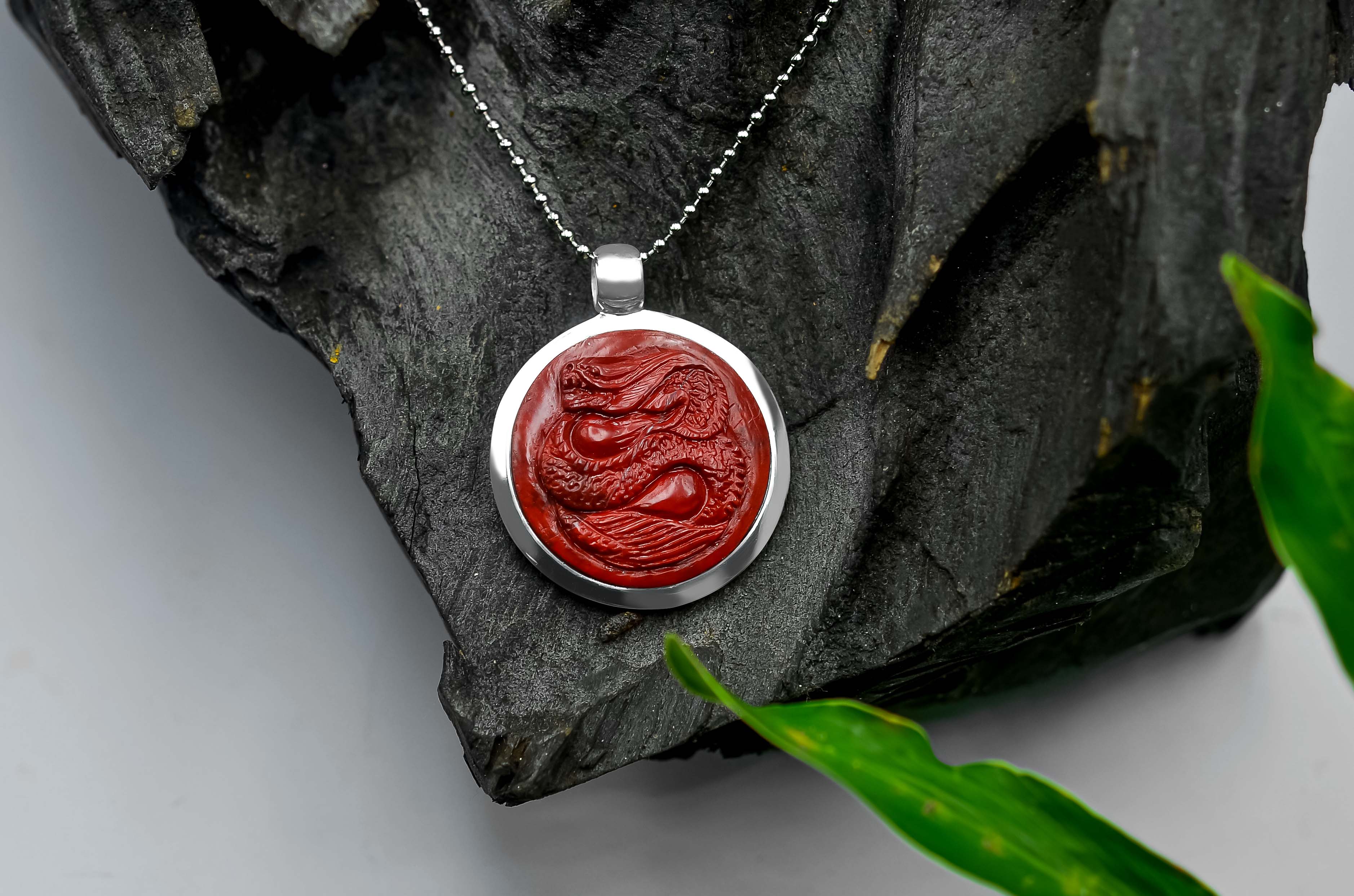 Starborn Jasper Carved Dragon 1.65" Medallion Style Pendant in Sterling Silver