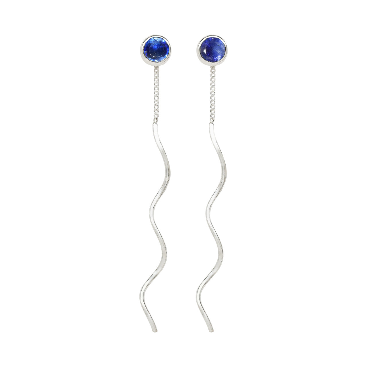 Starborn Faceted Kyanite Stud Earrings with Flowing Curled Wire Drop in Sterling Silver