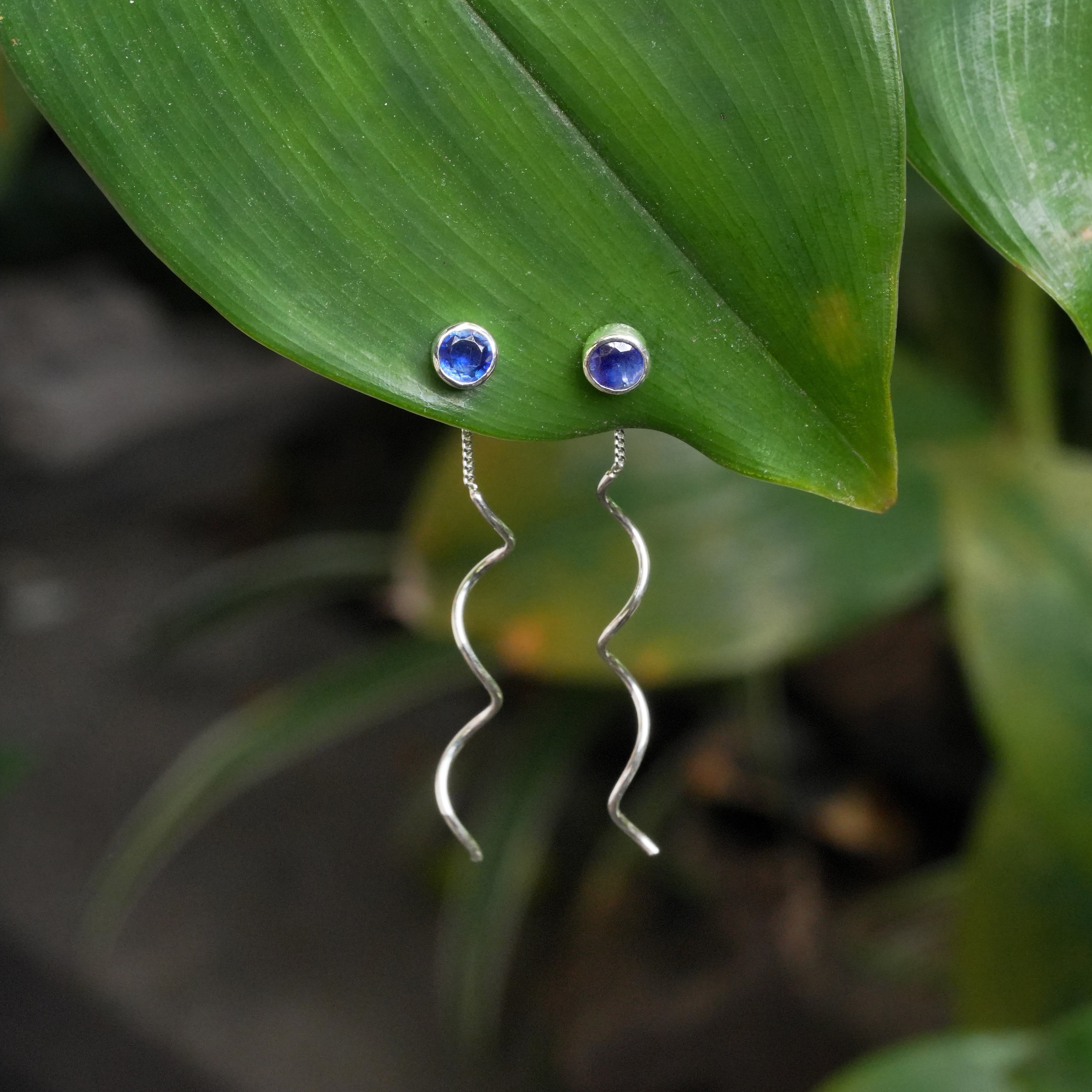 Starborn Faceted Kyanite Stud Earrings with Flowing Curled Wire Drop in Sterling Silver