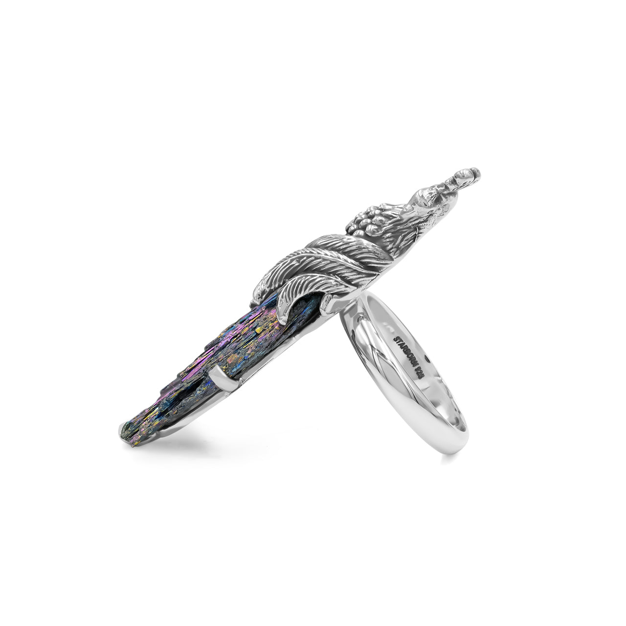 Starborn Aura Kyanite Crystal Peacock Ring in Sterling Silver