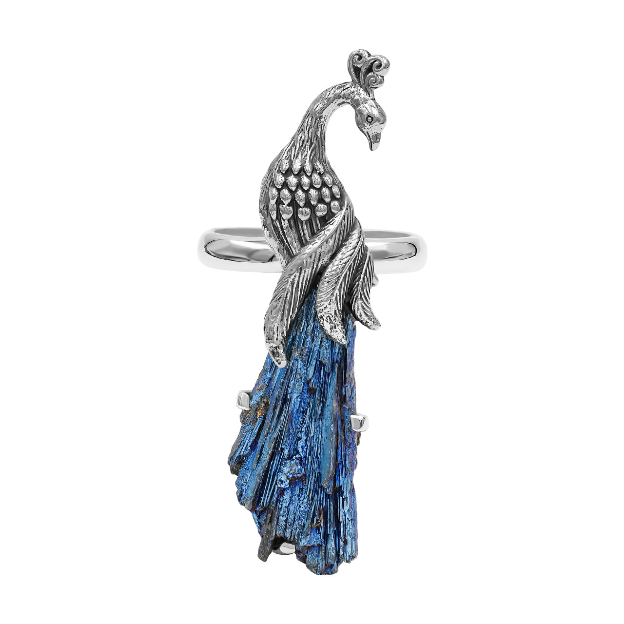 Starborn Blue Aura Kyanite Crystal Peacock Ring in Sterling Silver