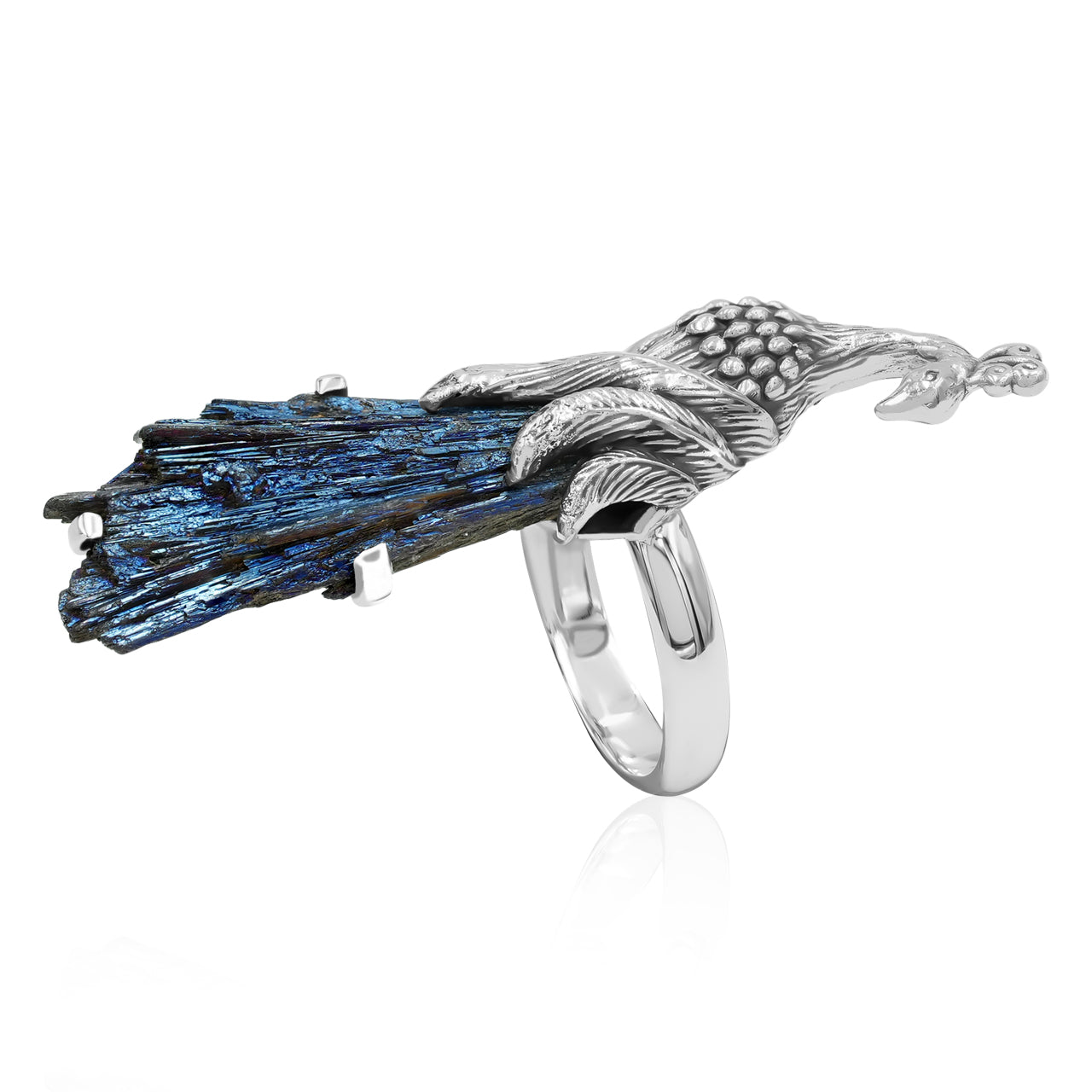 Starborn Blue Aura Kyanite Crystal Peacock Ring in Sterling Silver