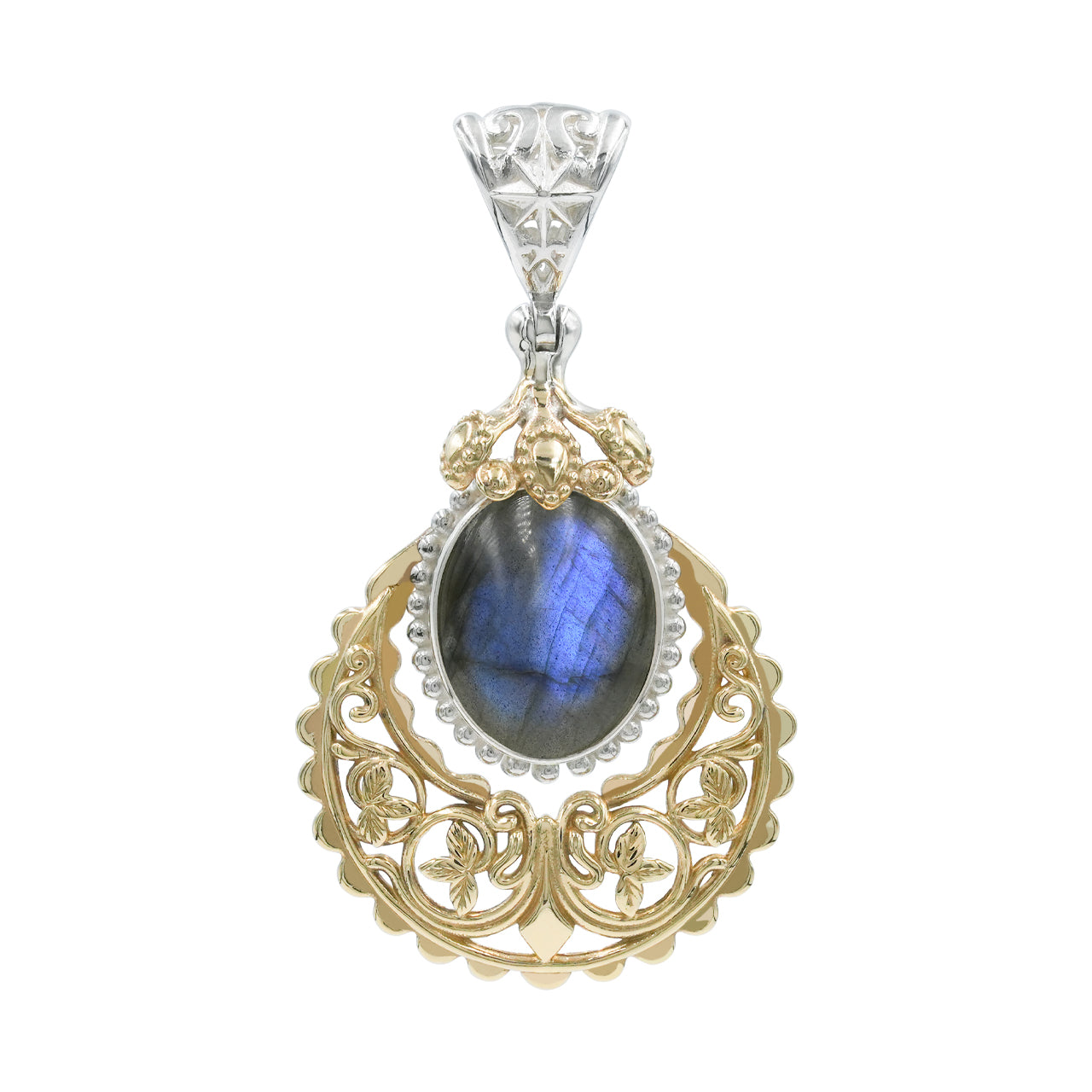 Starborn Labradorite Floral Filigree Scrollwork Pendant in Sterling Silver & Nordic Gold