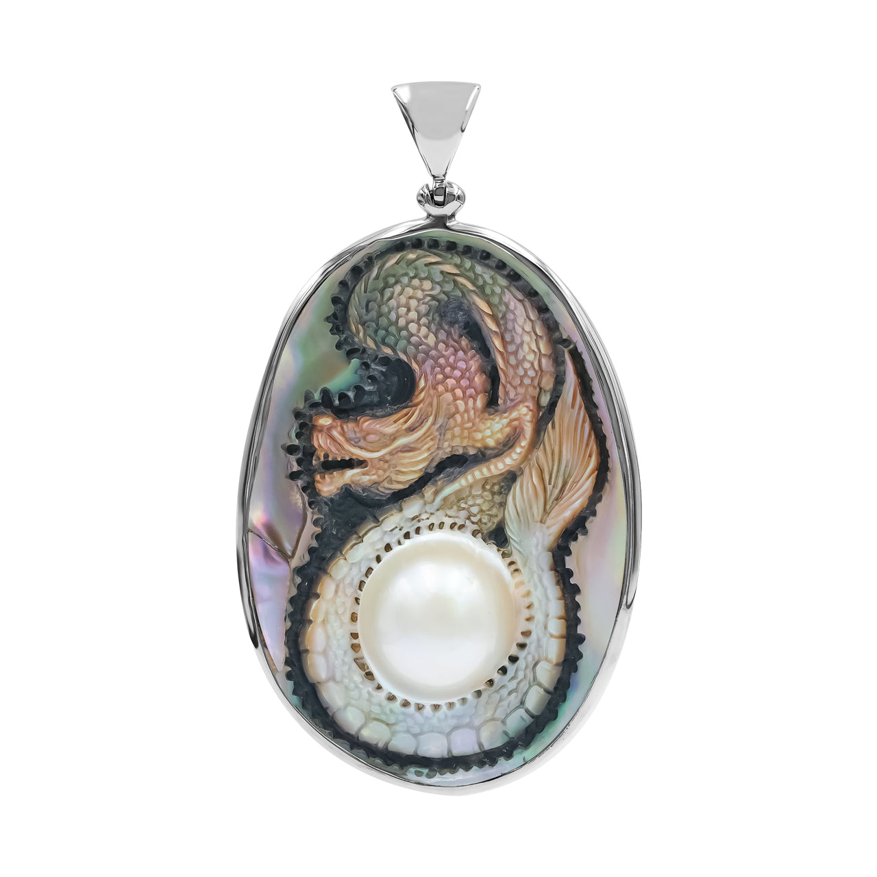Starborn – Anhänger mit Drachenschnitzerei aus Sterlingsilber, oval, Mabe-Perle