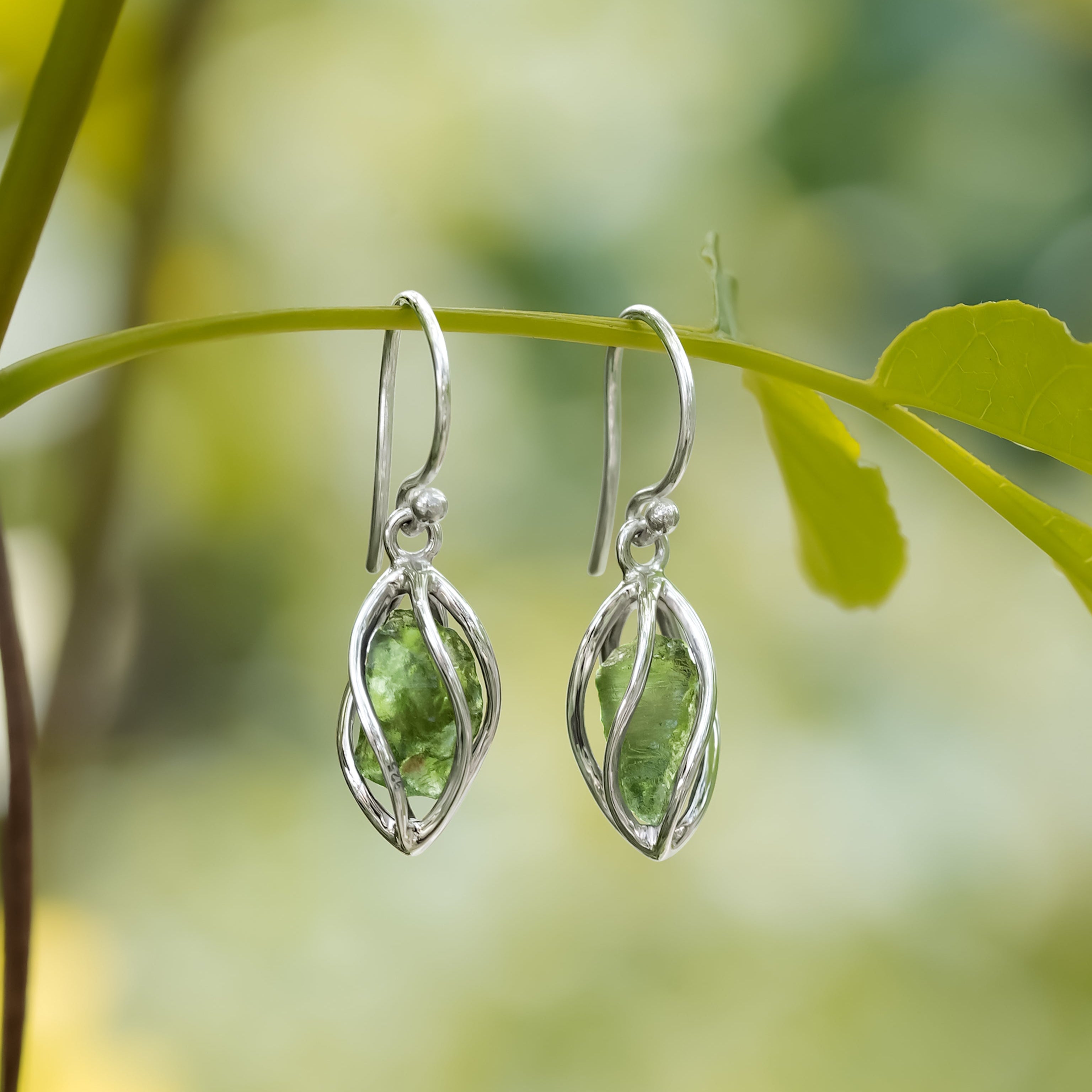 Starborn Moldavite Spiral Caged Earrings in Sterling Silver