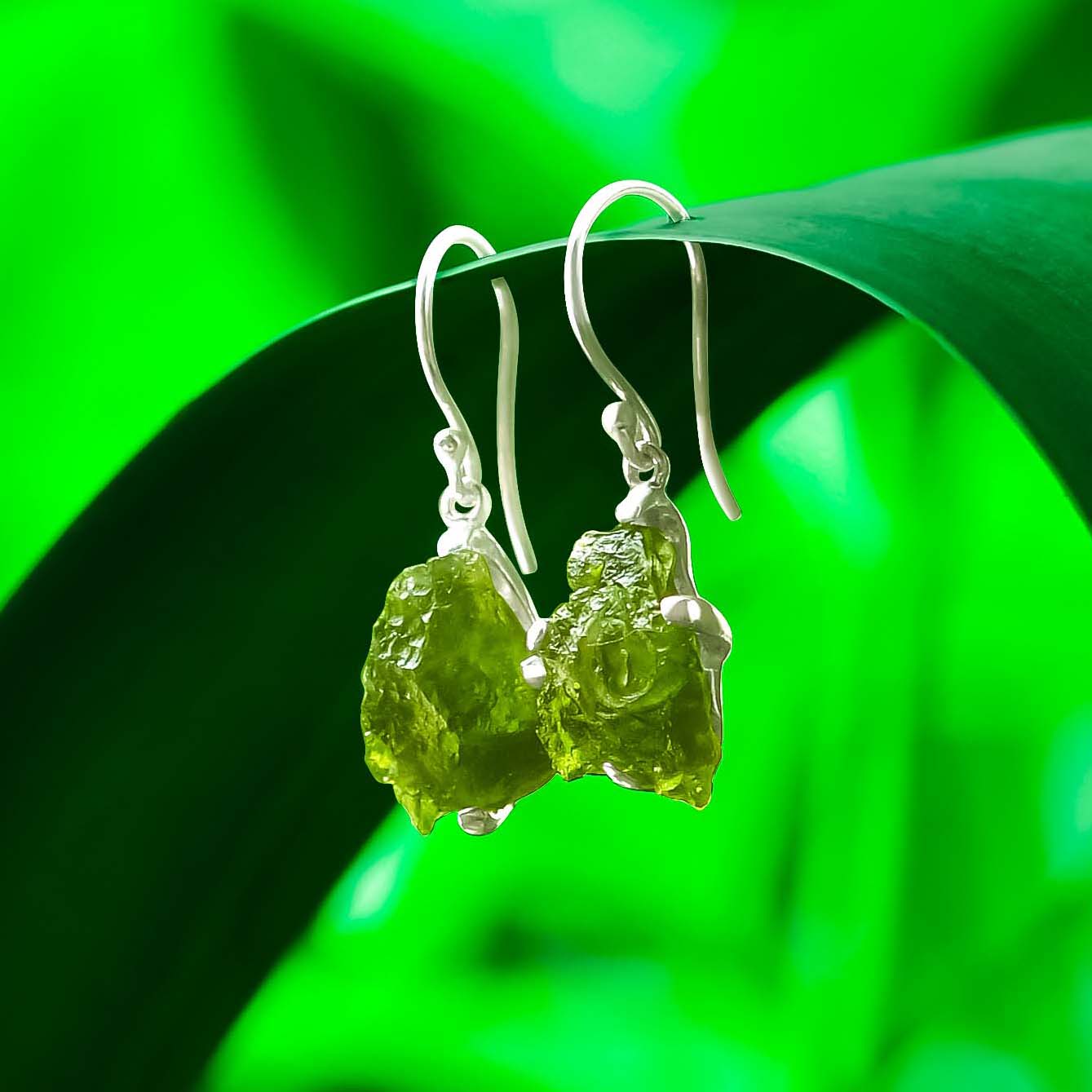 Starborn Rough Moldavite Dangle Earrings in Sterling Silver
