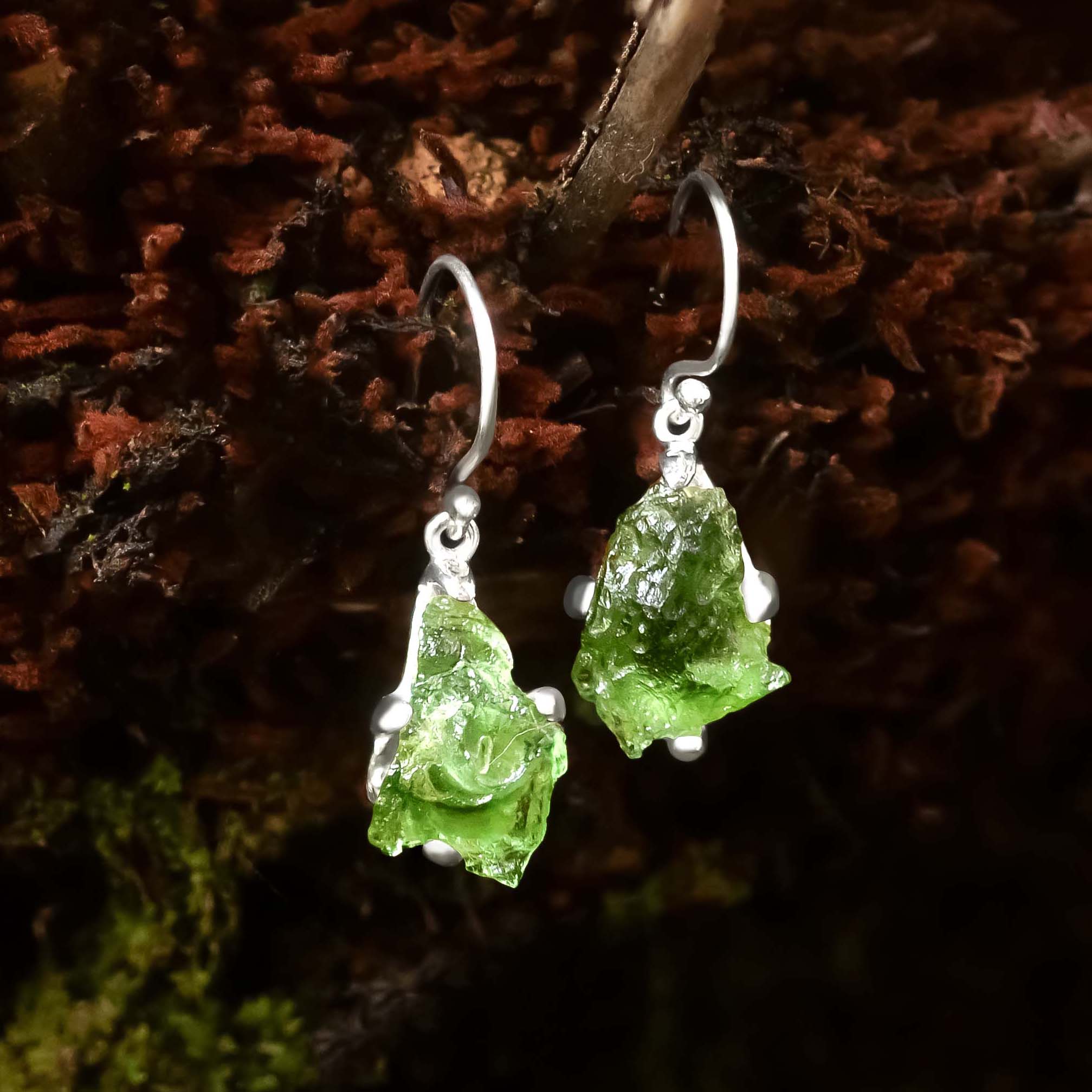 Starborn Rough Moldavite Dangle Earrings in Sterling Silver