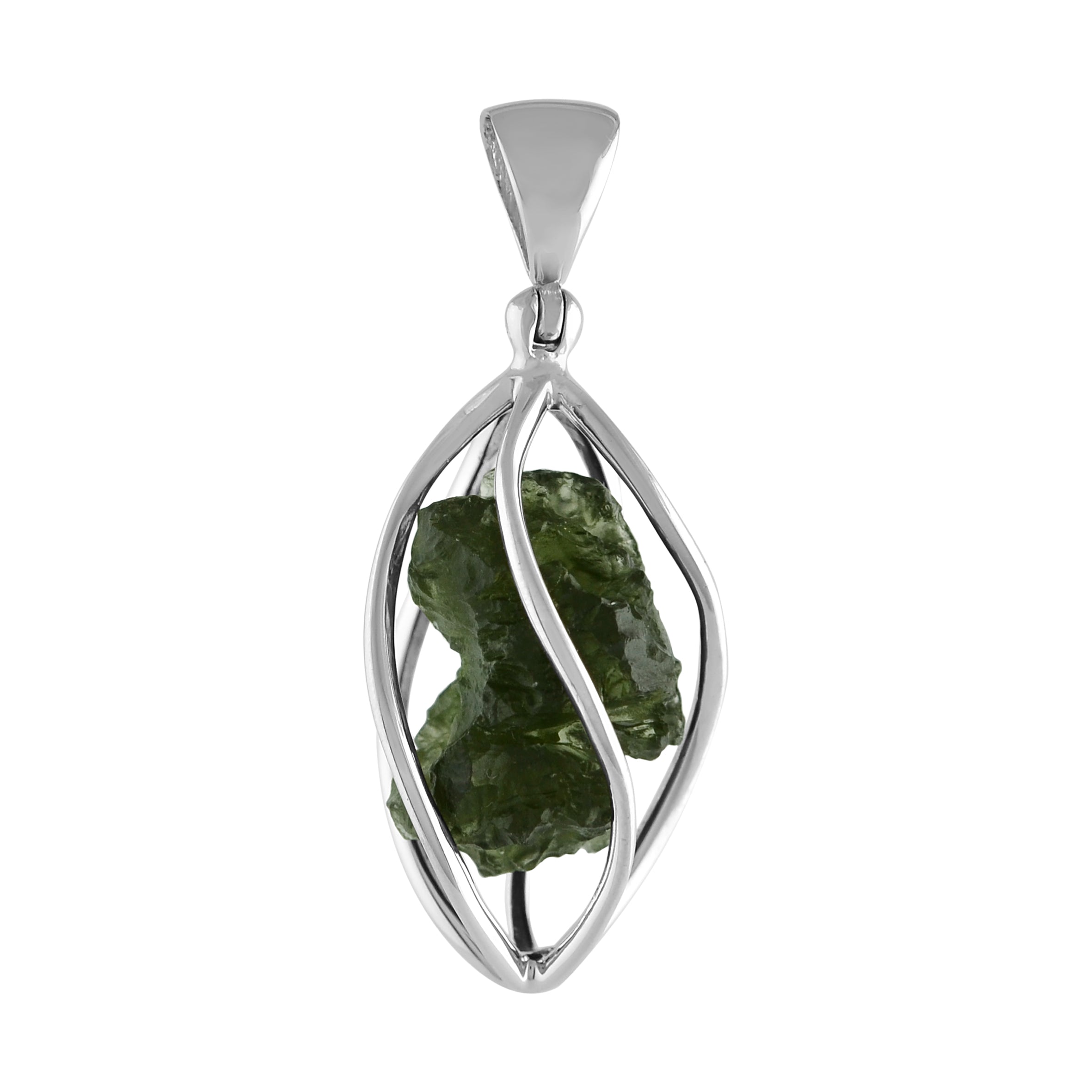 Starborn Natural Moldavite Pendant in Pointed Sterling Silver Spiral Cage