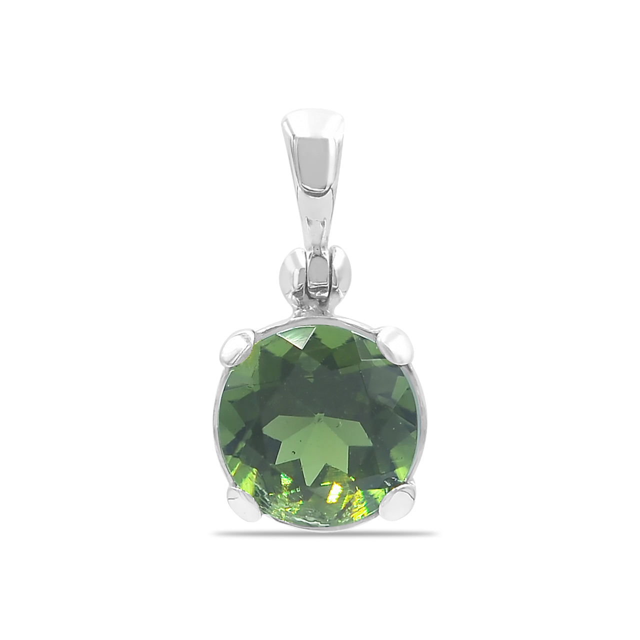 Starborn Faceted Round-Shaped Moldavite Pendant in Fine Sterling Silver