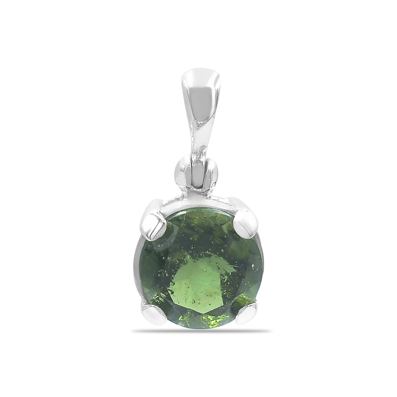 Starborn Faceted Round-Shaped Moldavite Pendant in Fine Sterling Silver