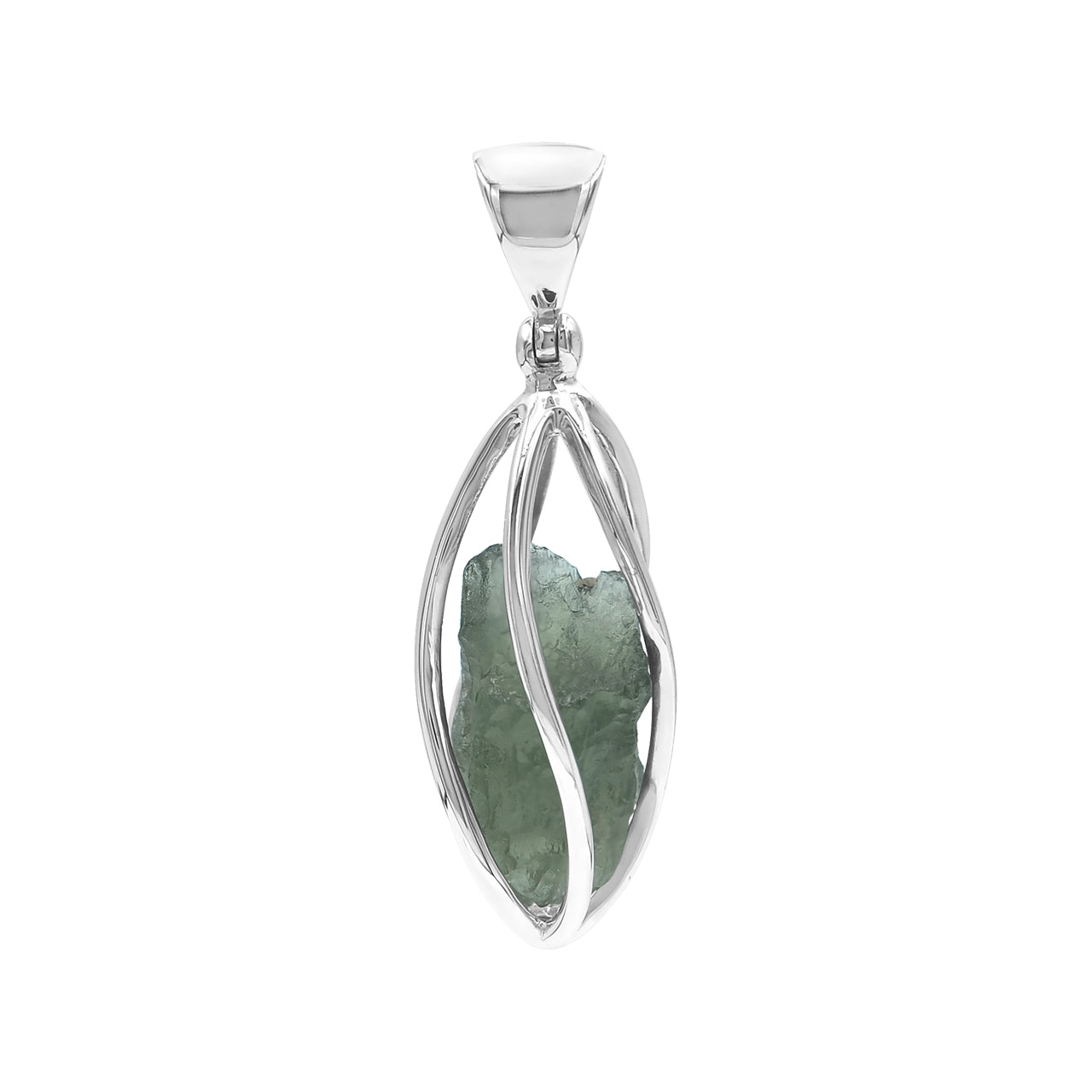 Starborn Natural Moldavite Pendant in Rounded Sterling Silver Spiral Cage