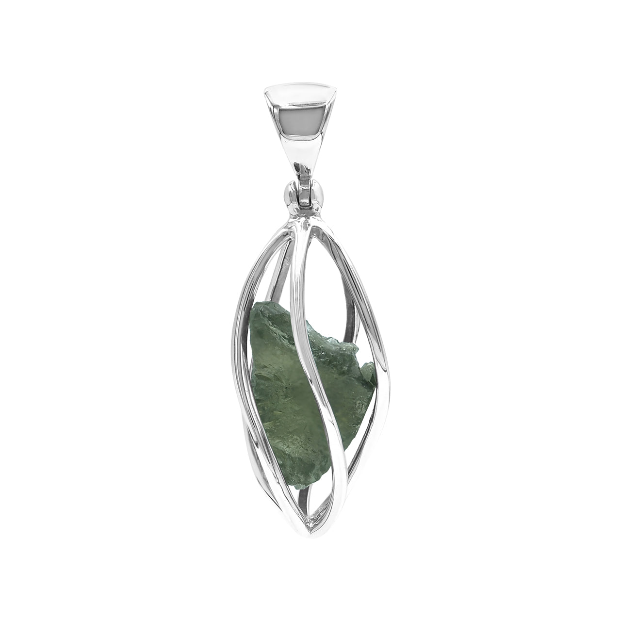 Starborn Natural Moldavite Pendant in Rounded Sterling Silver Spiral Cage
