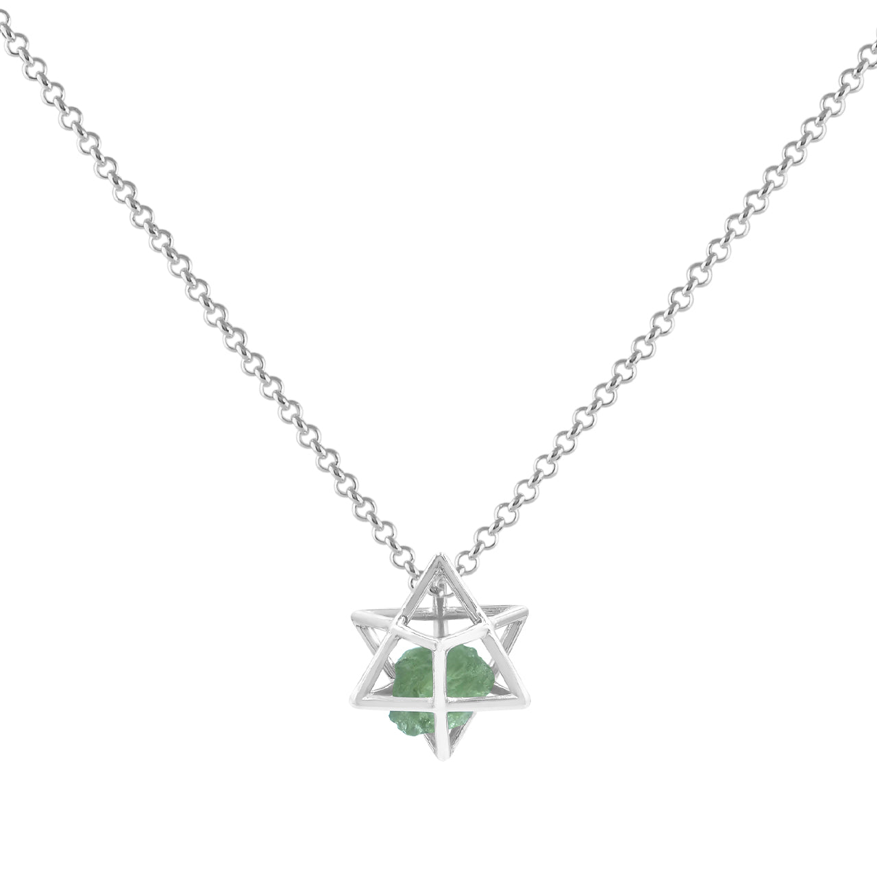 Starborn Natural Raw Moldavite in Merkabah Sterling Silver Cage Pendant and Chain