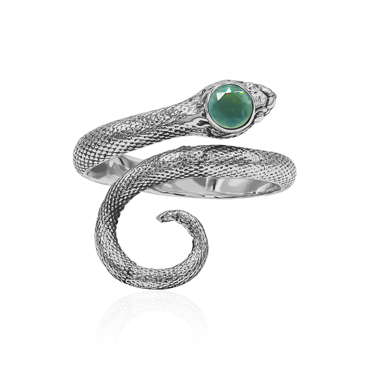 Starborn Coiled Snake Ring with Faceted Moldavite in Sterling Silver