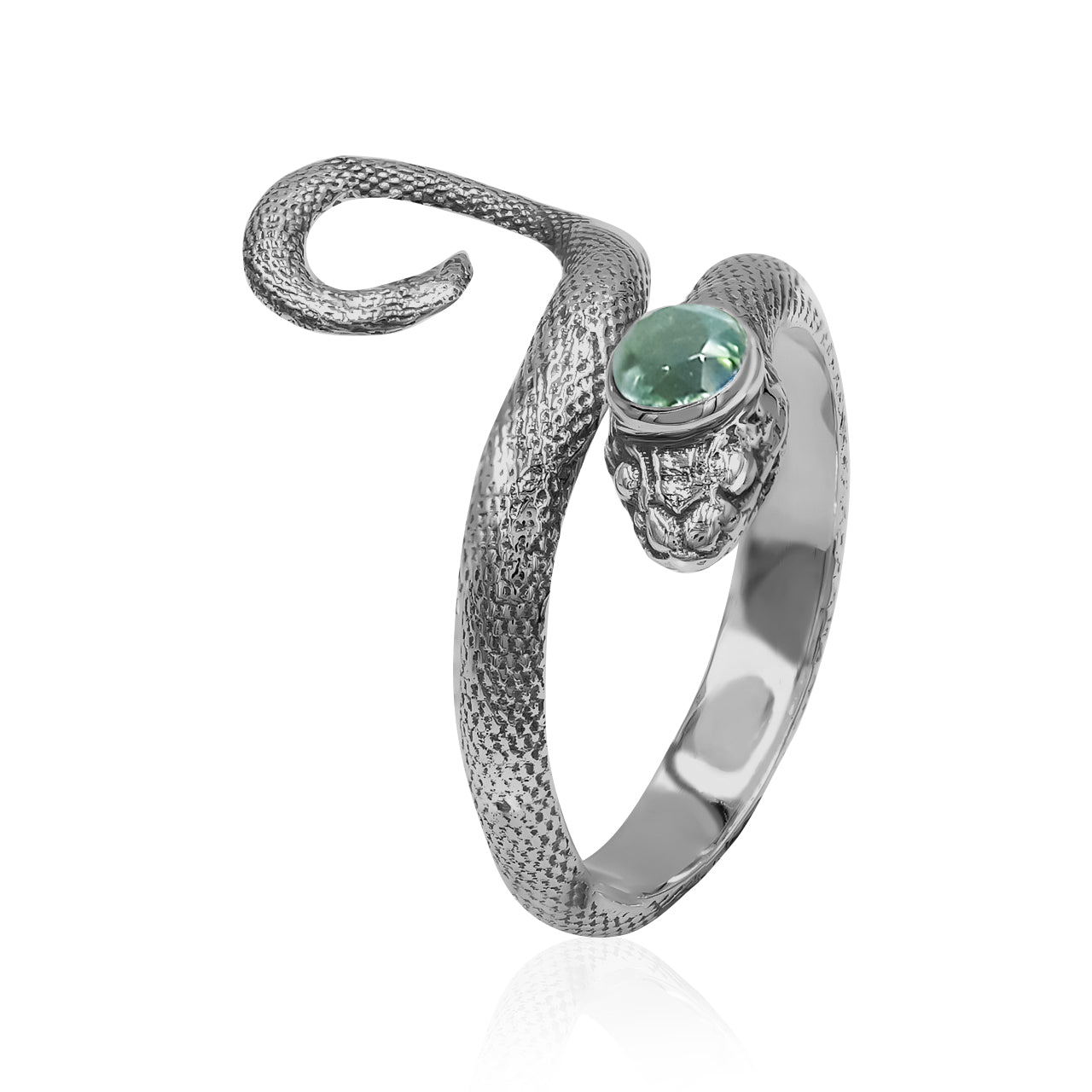 Starborn Coiled Snake Ring with Faceted Moldavite in Sterling Silver