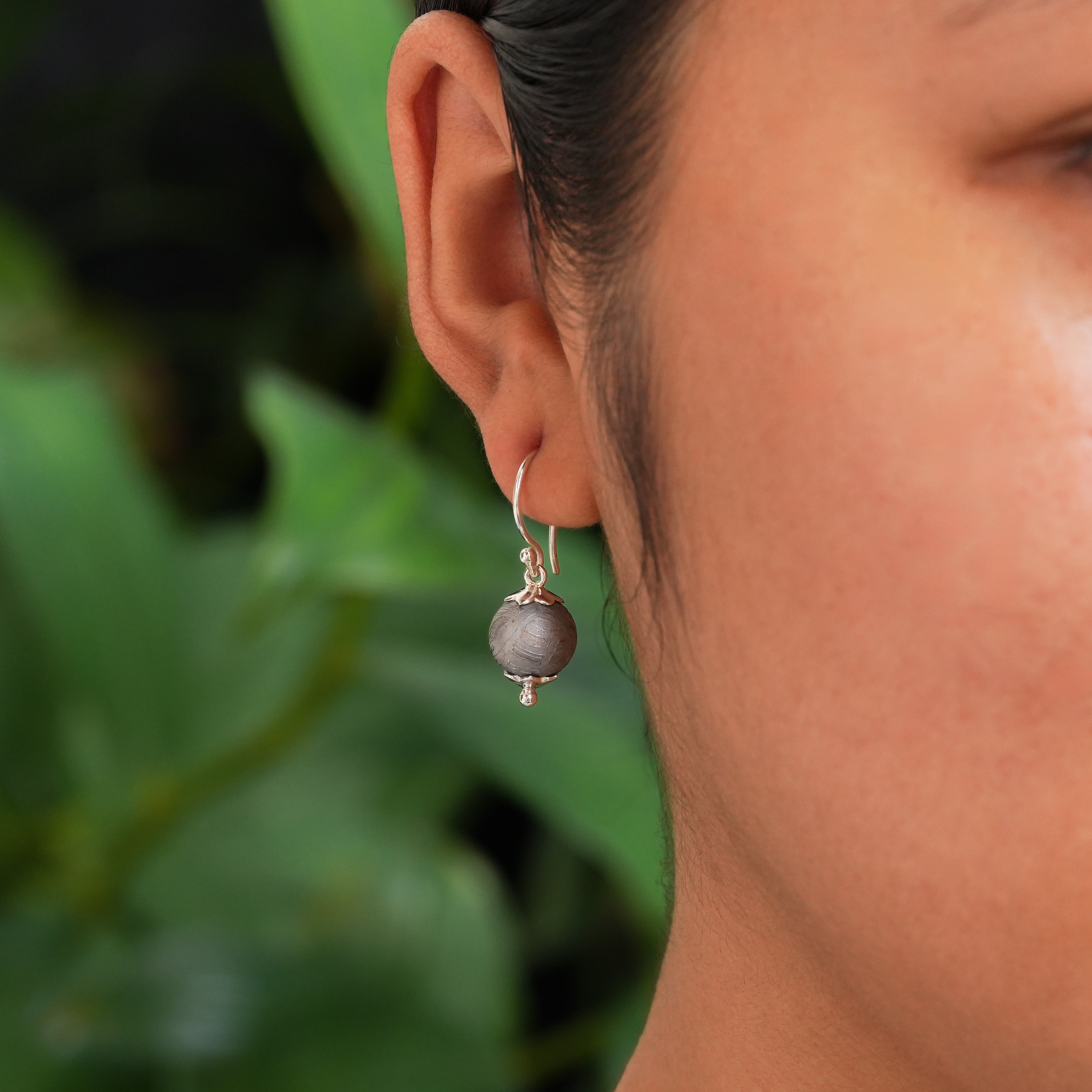 Starborn Aletai Iron Meteorite Sphere Flower Cap Earring in Sterling Silver