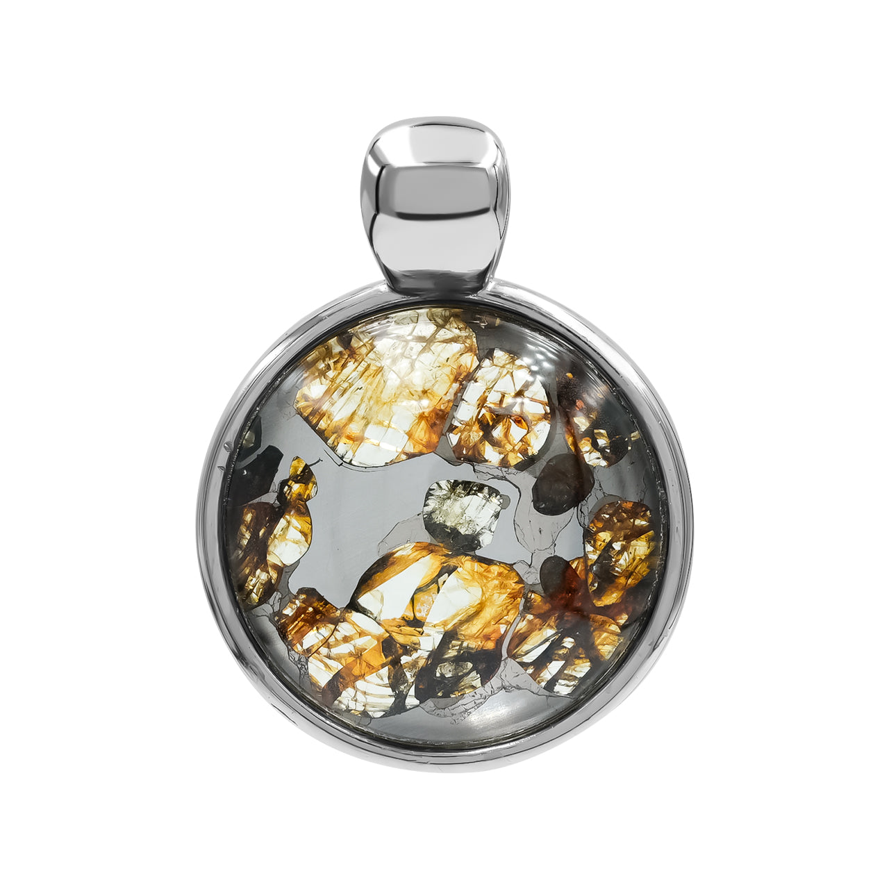 Alternate front view of a Sericho pallasite medallion-style pendant showing marbled inclusions throughout the stone with contrasting silver, deep green, and gold tones. 