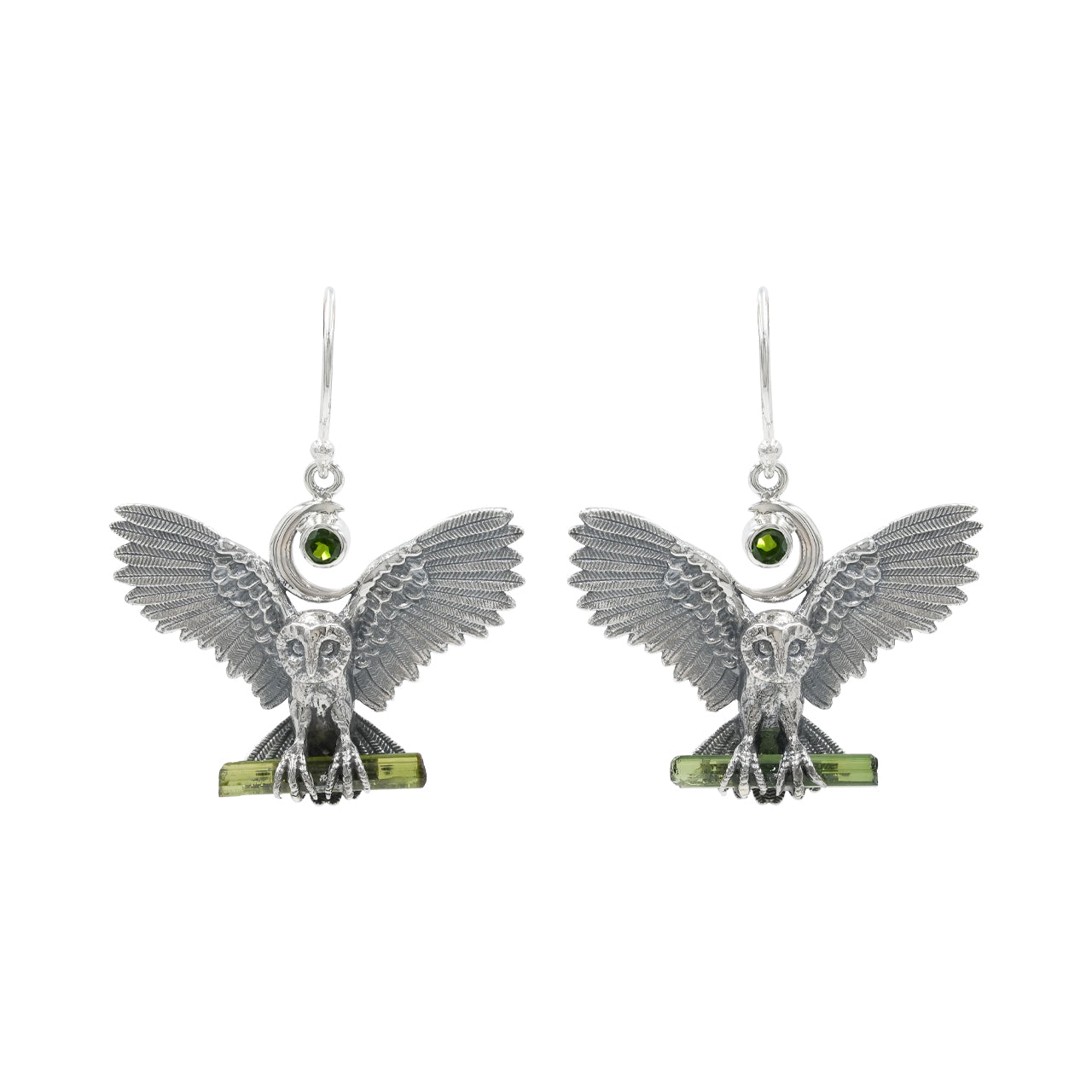 Starborn Green Tourmaline and Chrome Diopside Owl Dangle Earrings in Sterling Silver