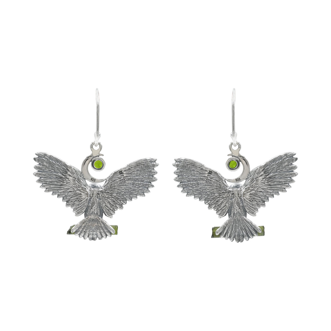 Starborn Green Tourmaline and Chrome Diopside Owl Dangle Earrings in Sterling Silver