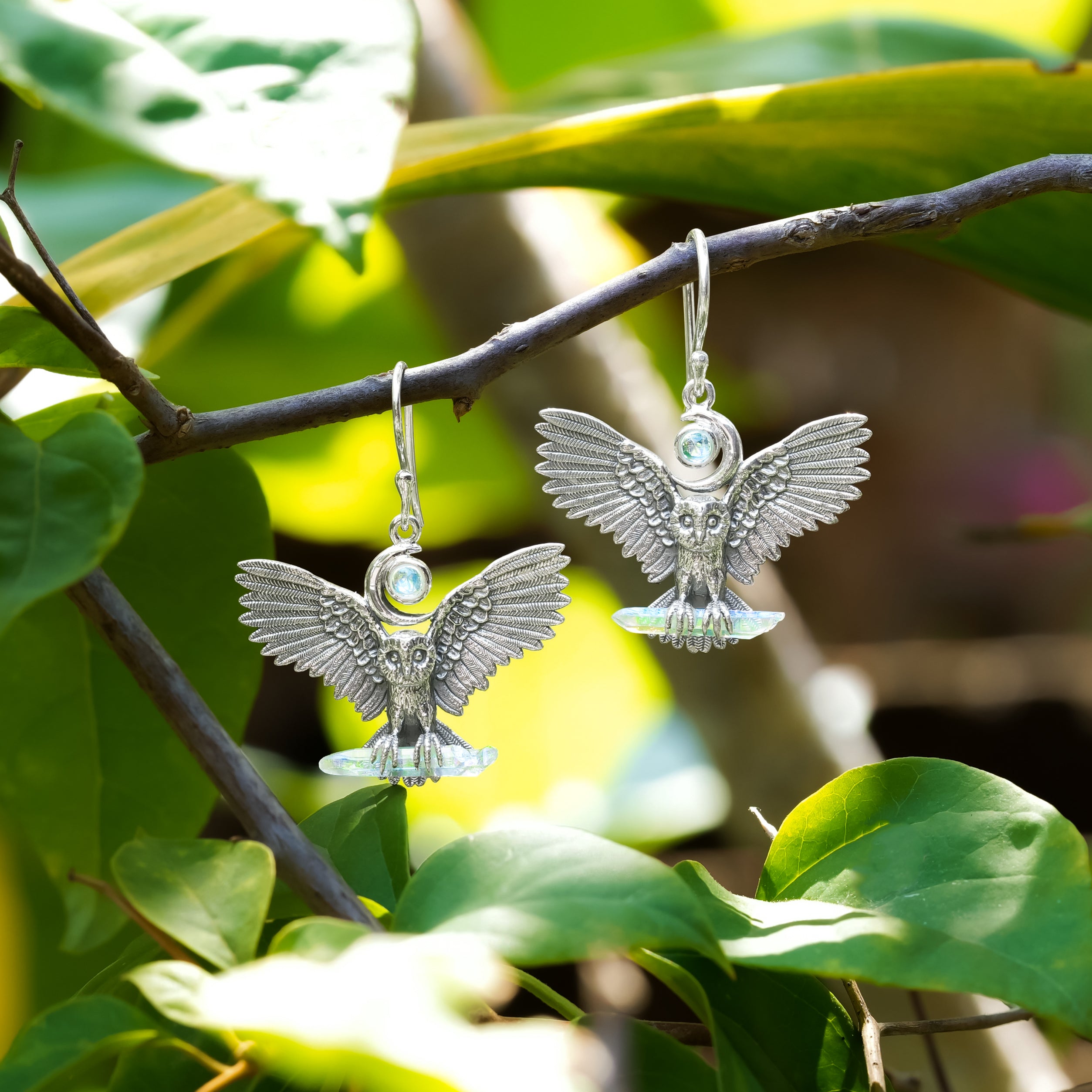 Starborn Angel Aura Quartz Crystal &amp; Rainbow Moonstone in Sterling Silver Owl Dangle Earrings