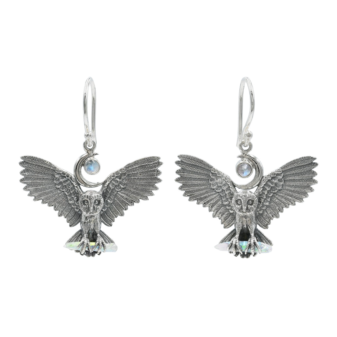 Starborn Angel Aura Quartz Crystal & Rainbow Moonstone in Sterling Silver Owl Dangle Earrings