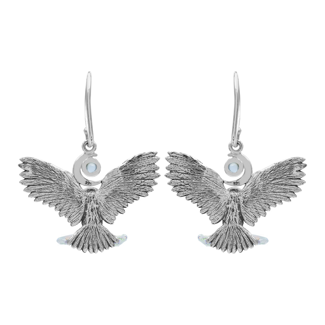 Pendientes colgantes de búho de plata de ley con cristal de cuarzo y piedra lunar arcoíris con aura de ángel de Starborn