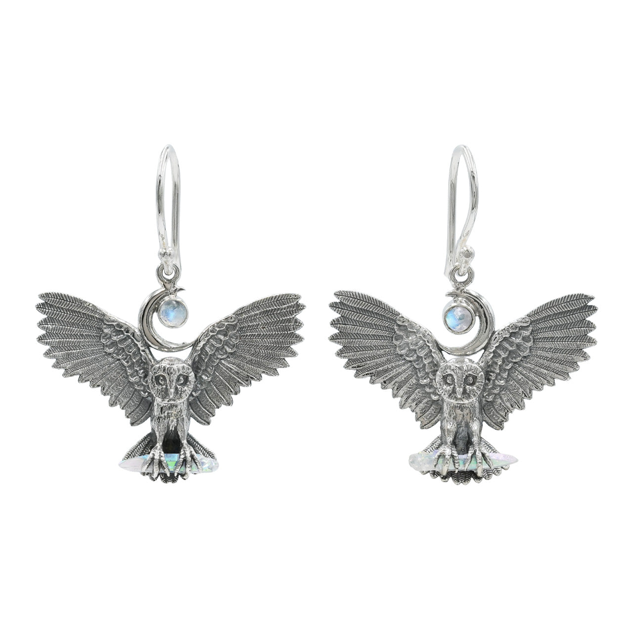 Starborn Engel-Aura-Quarz-Kristall & Regenbogen-Mondstein in Sterling Silber Eulen-Hängeohrringe