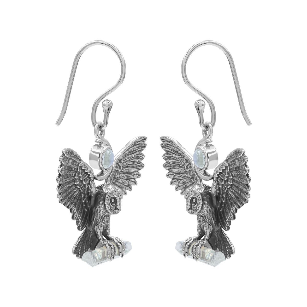 Pendientes colgantes de búho de plata de ley con cristal de cuarzo y piedra lunar arcoíris con aura de ángel de Starborn
