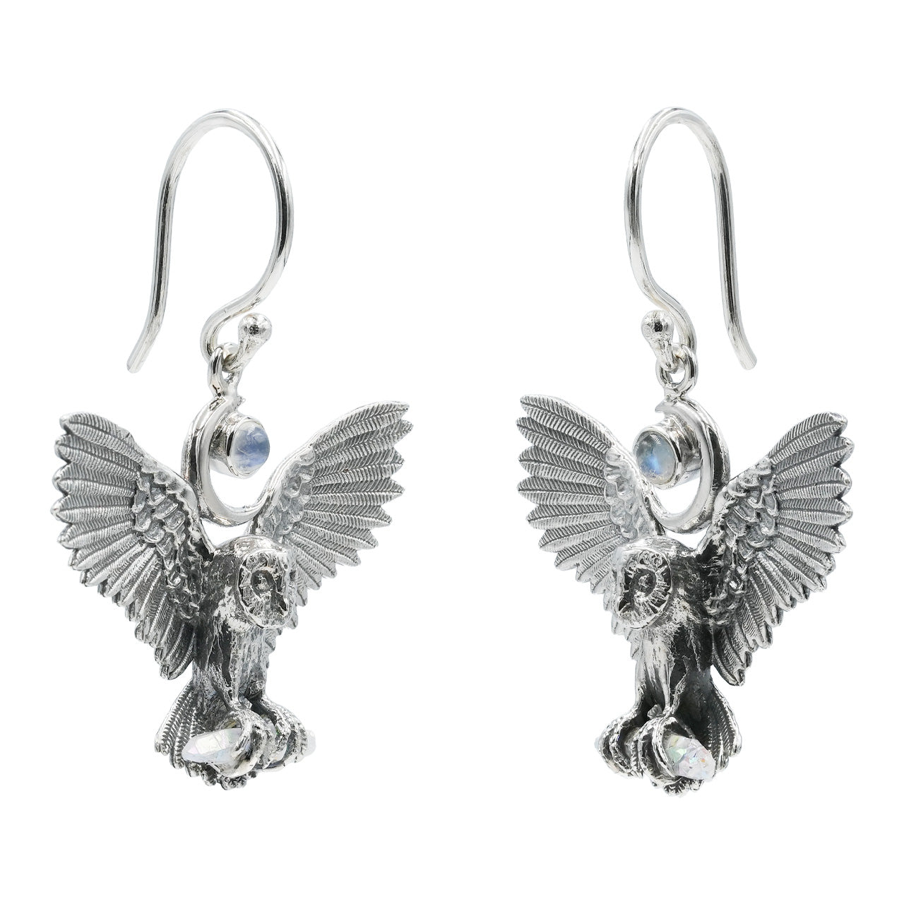 Starborn Engel-Aura-Quarz-Kristall & Regenbogen-Mondstein in Sterling Silber Eulen-Hängeohrringe