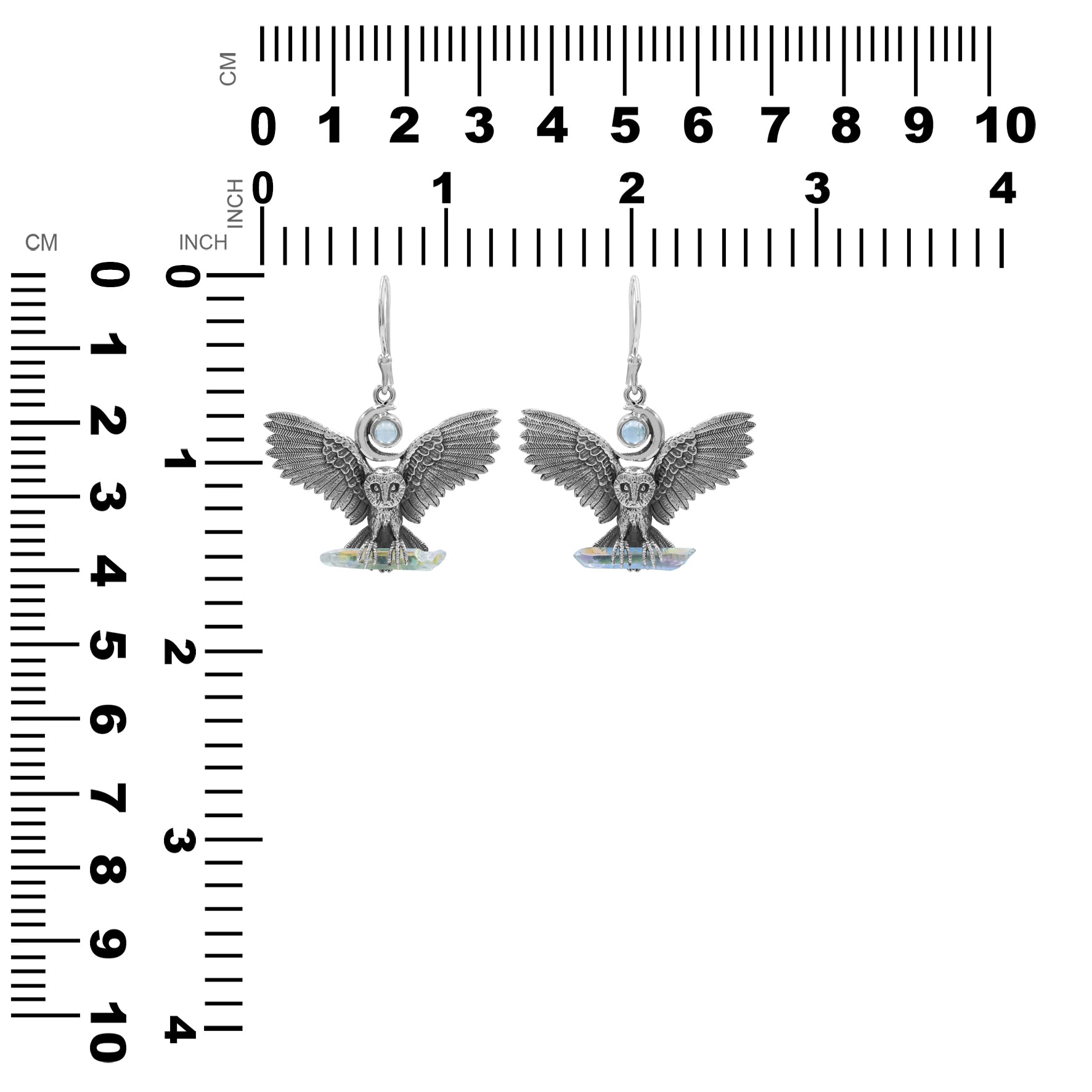 Pendientes colgantes de búho de plata de ley con cristal de cuarzo y piedra lunar arcoíris con aura de ángel de Starborn