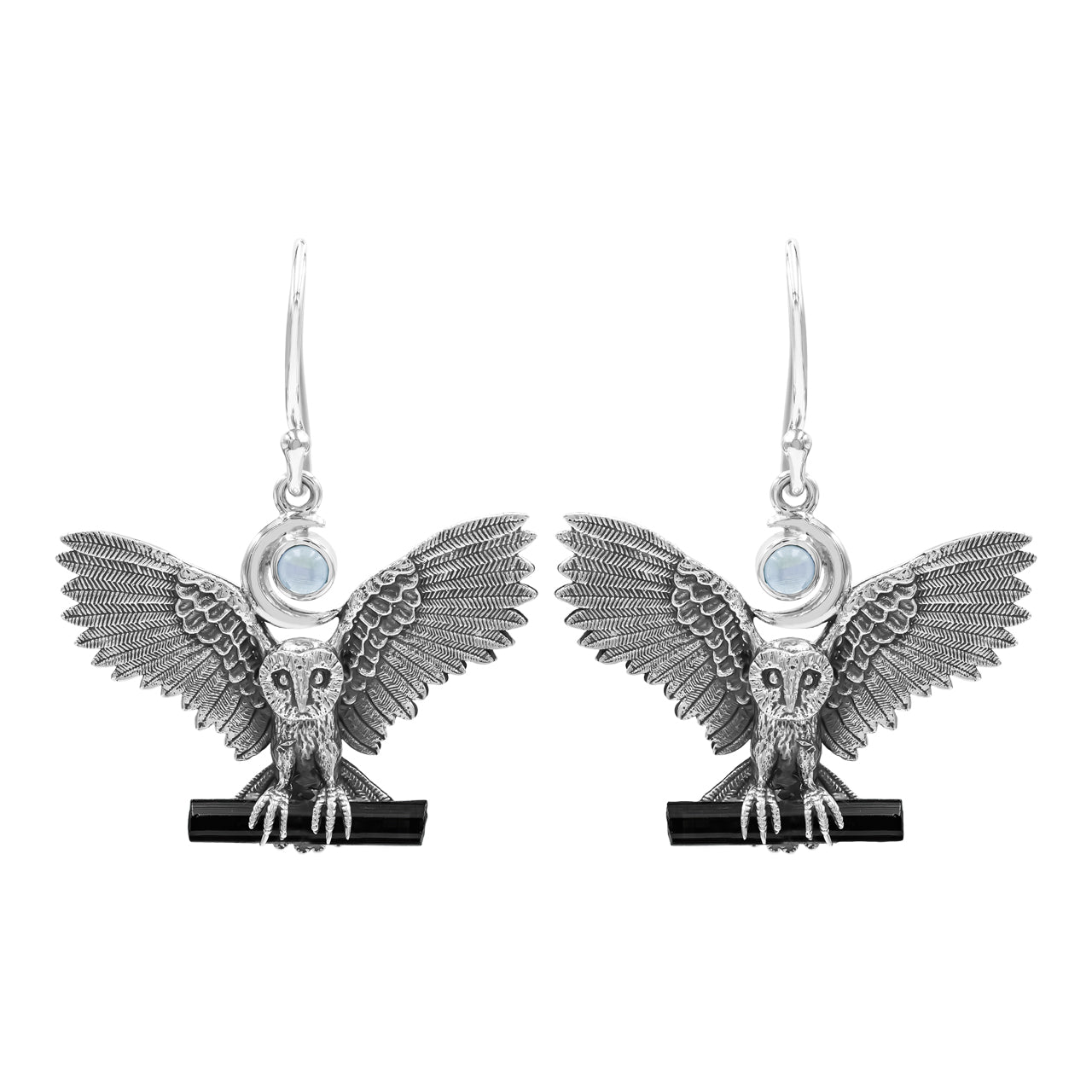 Starborn Rainbow Moonstone &amp; Black Tourmaline in Sterling Silver Owl Dangle Earrings