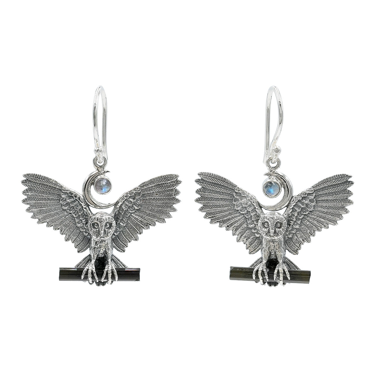Starborn Rainbow Moonstone & Black Tourmaline in Sterling Silver Owl Dangle Earrings