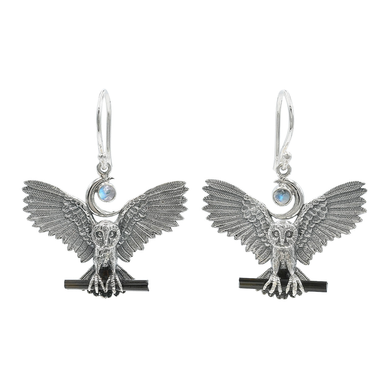 Starborn Regenbogen-Mondstein- und schwarze Turmalin-Eulen-Hängeohrringe aus Sterlingsilber