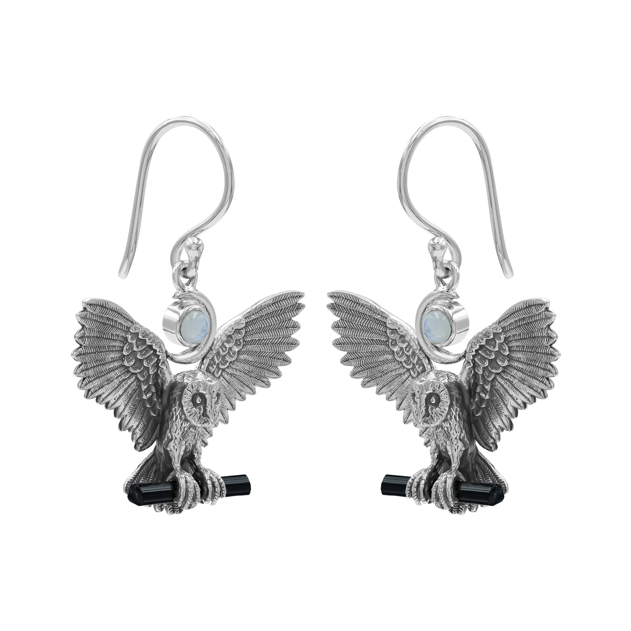 Pendientes colgantes de búho de plata de ley con piedra lunar arcoíris y turmalina negra de Starborn