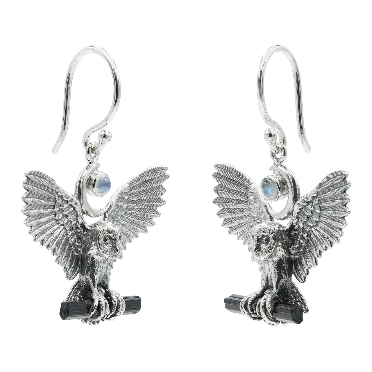 Starborn Regenbogen-Mondstein- und schwarze Turmalin-Eulen-Hängeohrringe aus Sterlingsilber