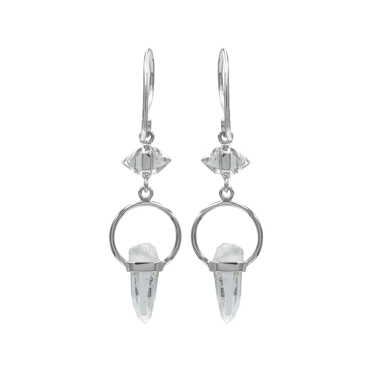 Starborn Herkimer Diamond &amp; Quartz Crystal Dangle Earrings with Round Wire Detail in Sterling Silver