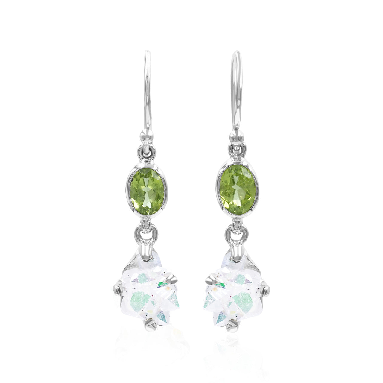 Starborn Peridot with Angel Aura Quartz Crystal Dangle Earrings in Sterling Silver